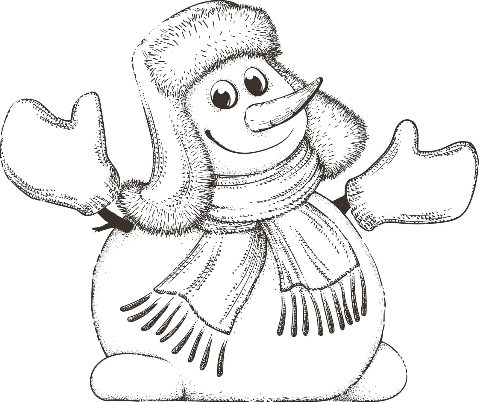 Snowman with a scarf, gloves and hat.Winter icon.Xmas and New Year elements.