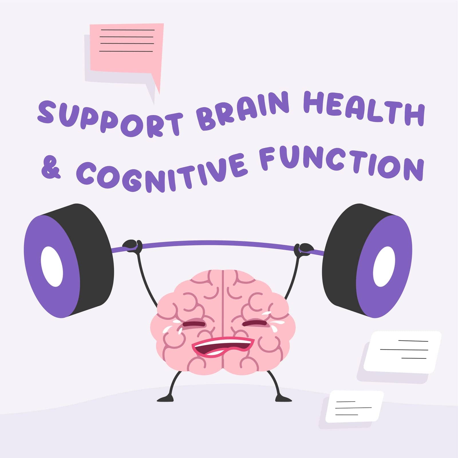 Animated brain lifting weights, flat design, vector illustration, promoting brain health and cognitive function, isolated on purple background.