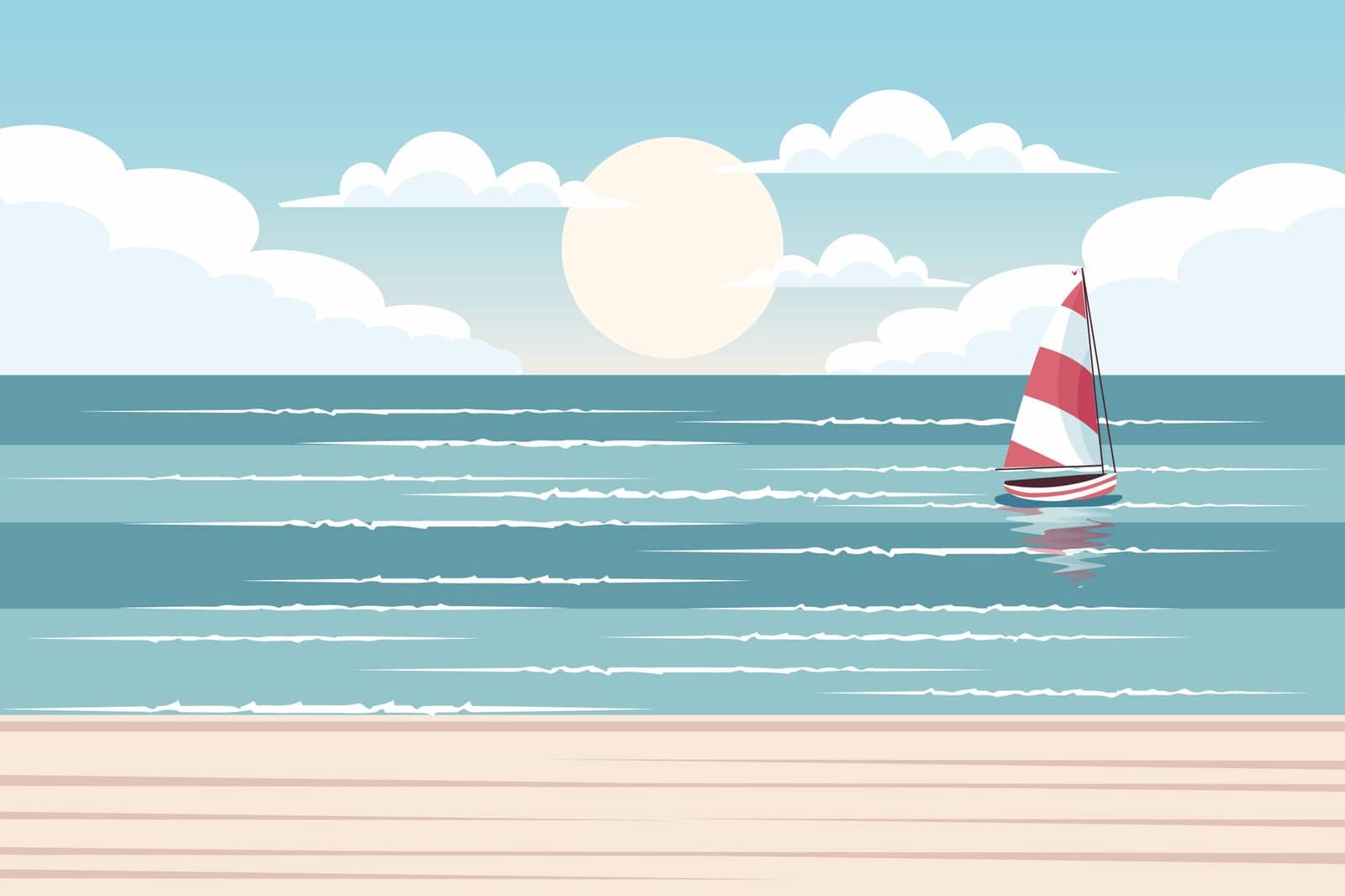 Seascape. Yacht at sea against the backdrop of a sea sunset. Summer illustration. Vector