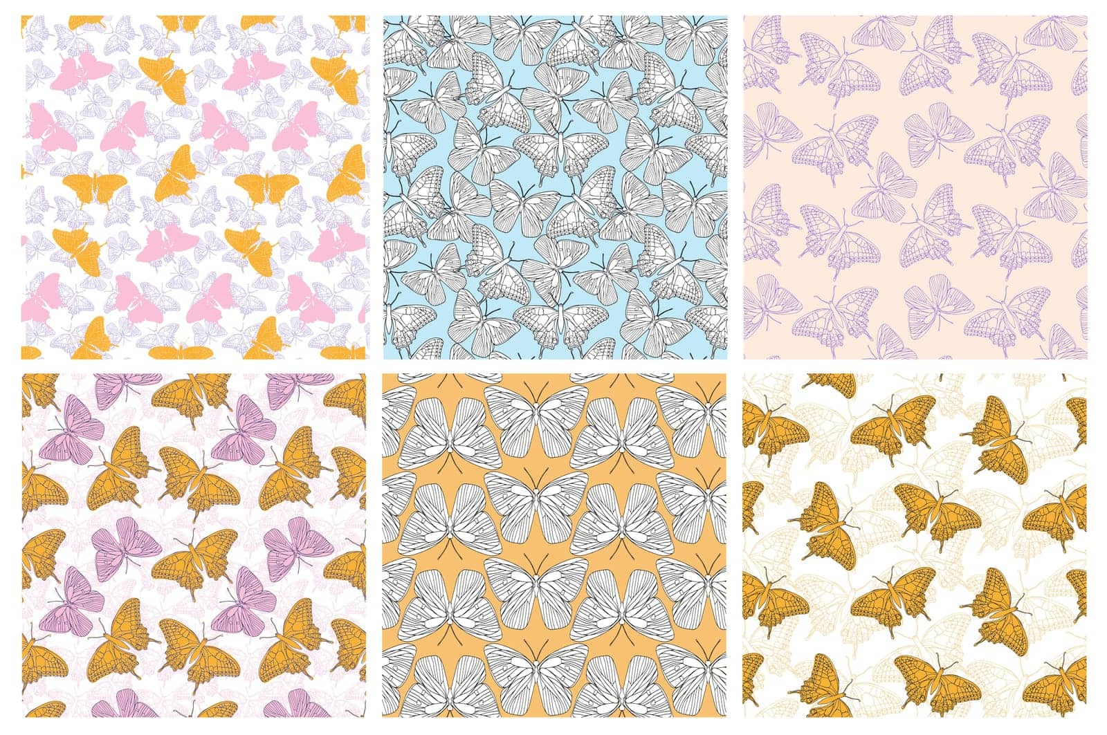 Butterflies ink line vector seamless pattern set background for textile, fabric, wallpaper, scrapbook. Insects with wings drawing for surface design. by MintanArt