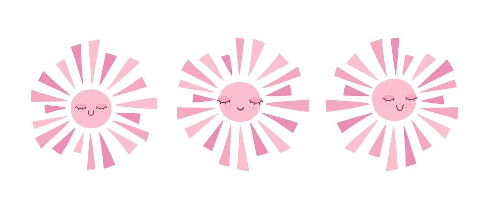 Cute hand drawn smiling sun in pink color set. Scandinavian style decoration for nursery kids room. Vector illustration 
