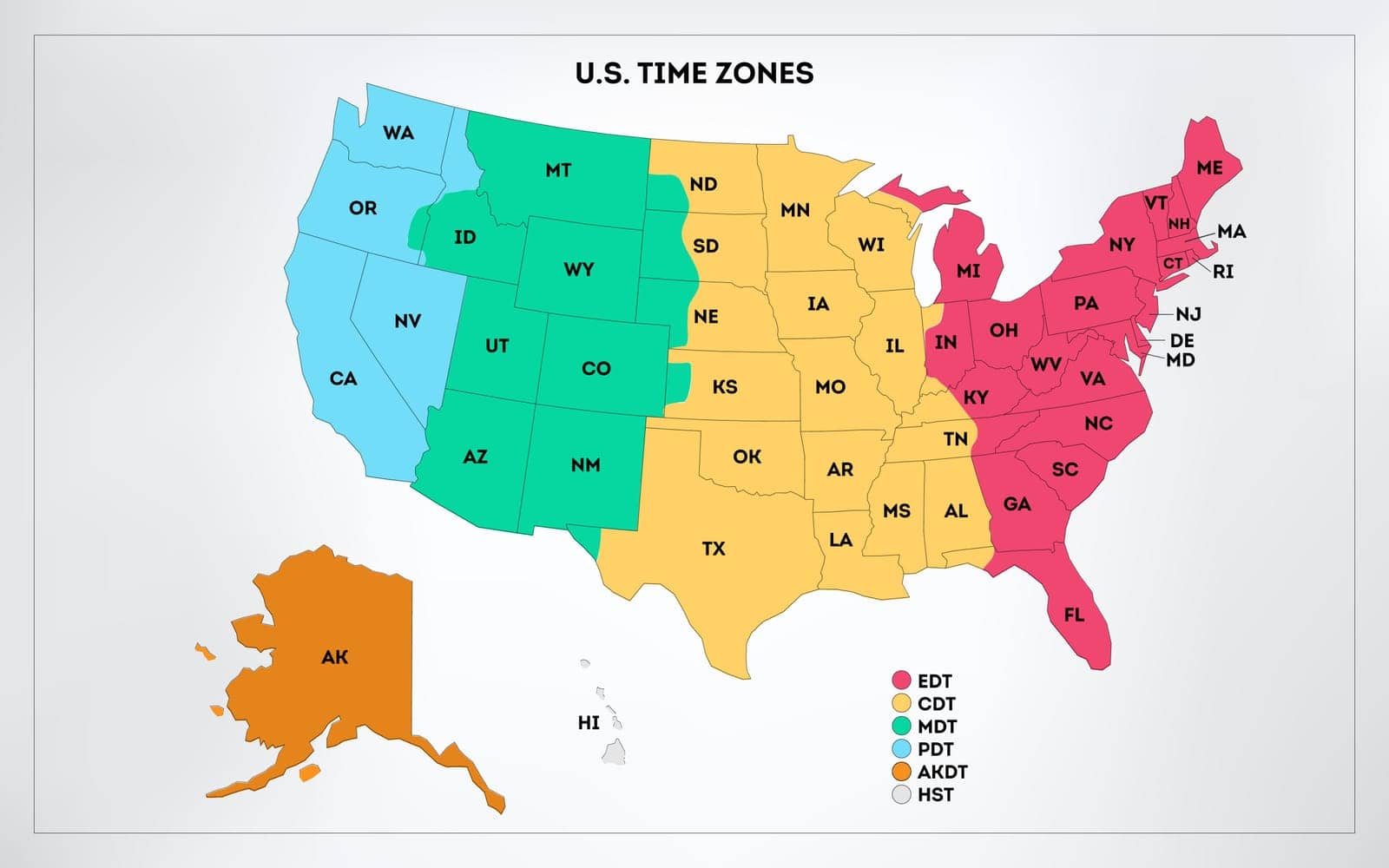 USA time zones infographic map. Colorful United States of America geography time zones. Stock vector illustration isolated on white background. by Kyrylov