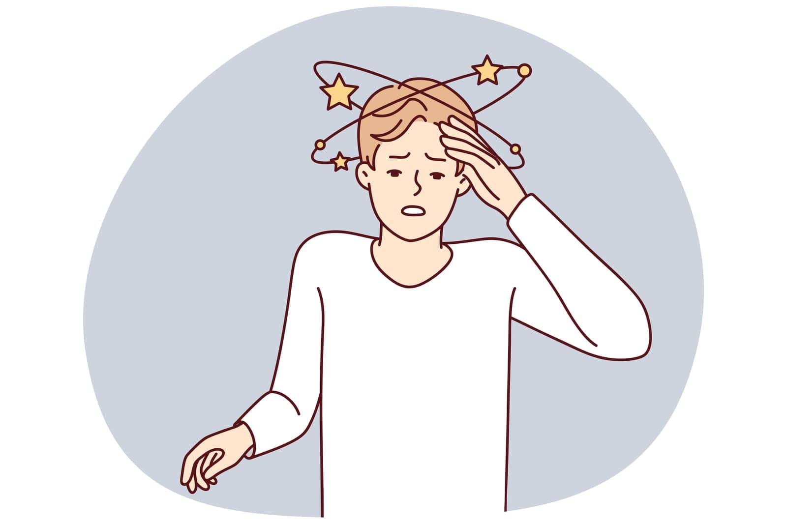 Suffering man experiencing pain in head after severe injury puts hand on forehead. Guy suffers from dizziness or needs to take drugs against intracranial pressure. Flat vector illustration