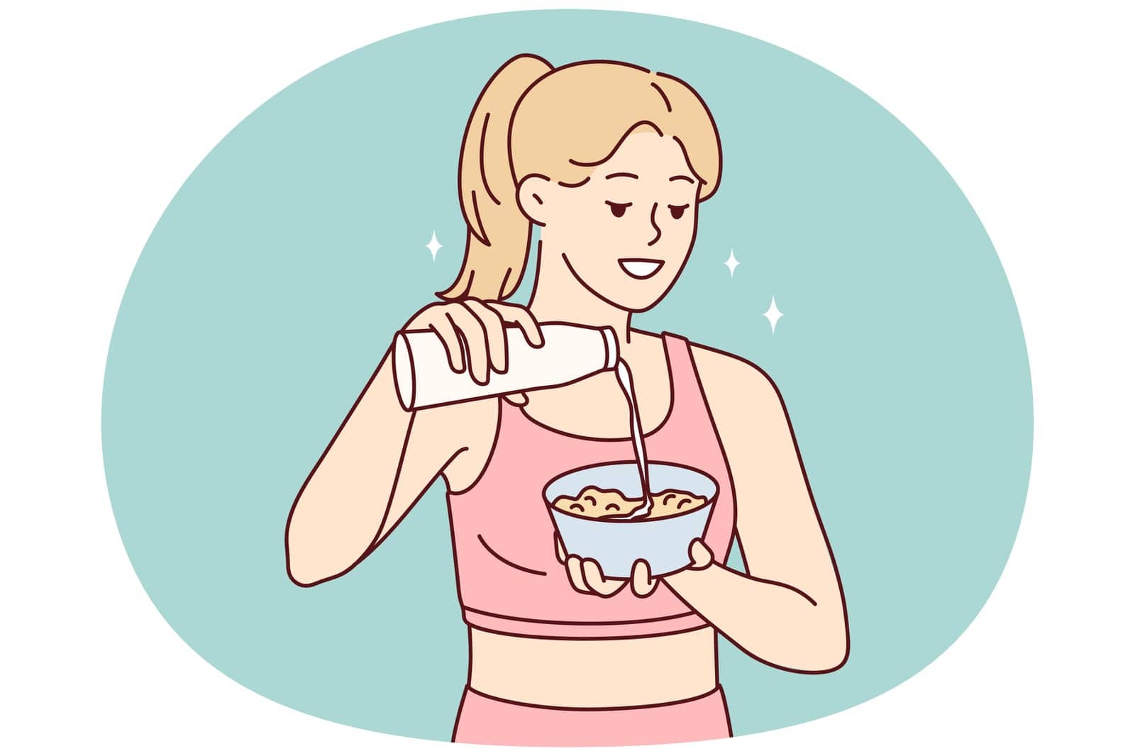 Slender woman preparing healthy breakfast adding milk to plate after morning fitness or sports. Beautiful girl in jogging clothes makes delicious lunch for protein diet. Flat vector design
