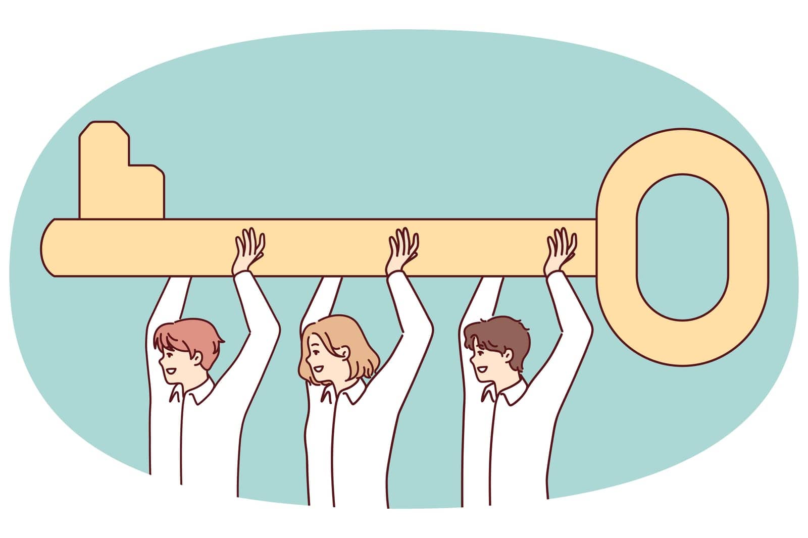 Team workers raises huge key above their heads, symbolizing joint solution of problem. Friendly men and woman work together to improve business processes to achieve company goals. Flat vector image