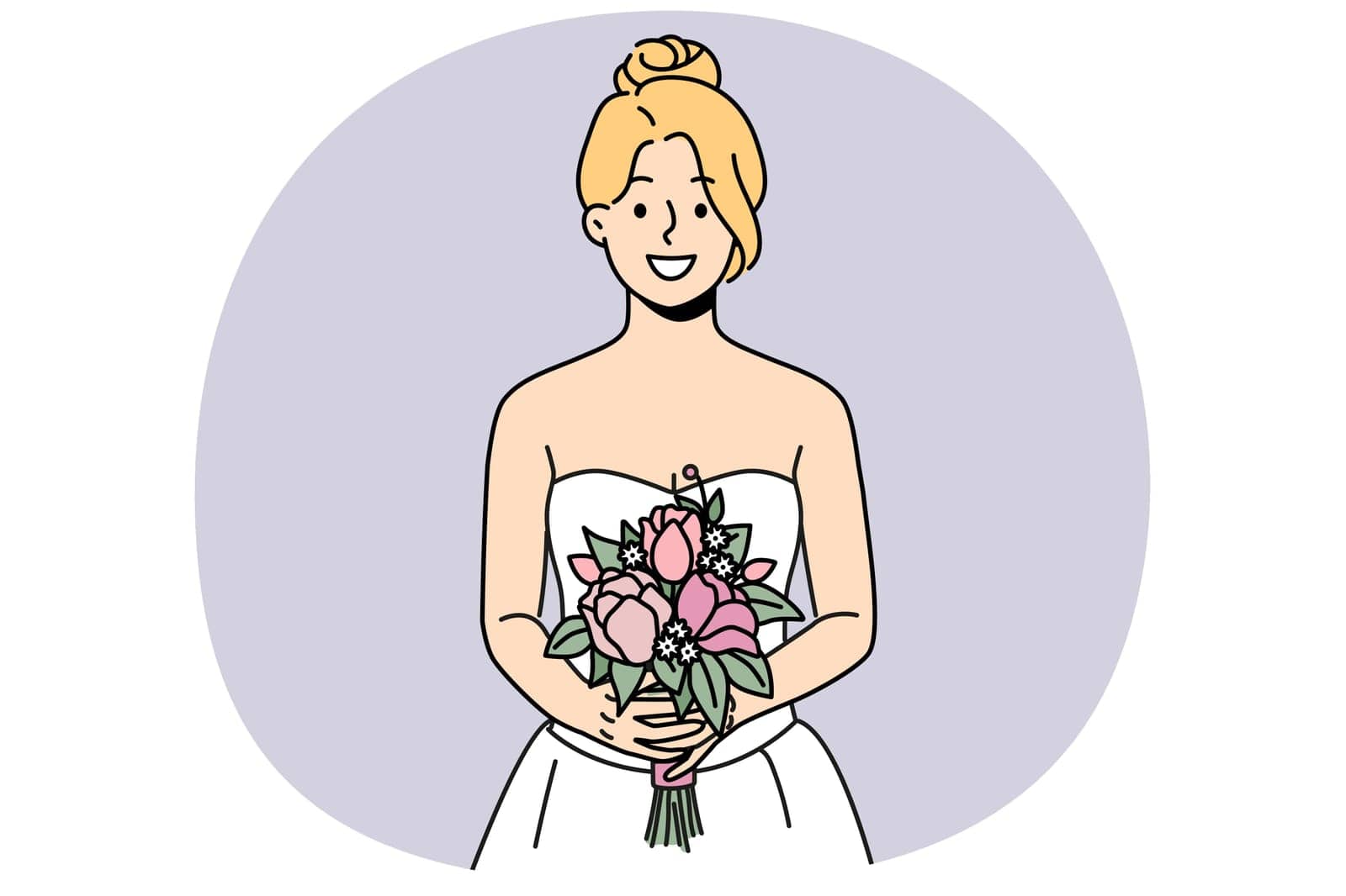 Smiling woman in wedding dress and bridal bouquet by VECTORIUM