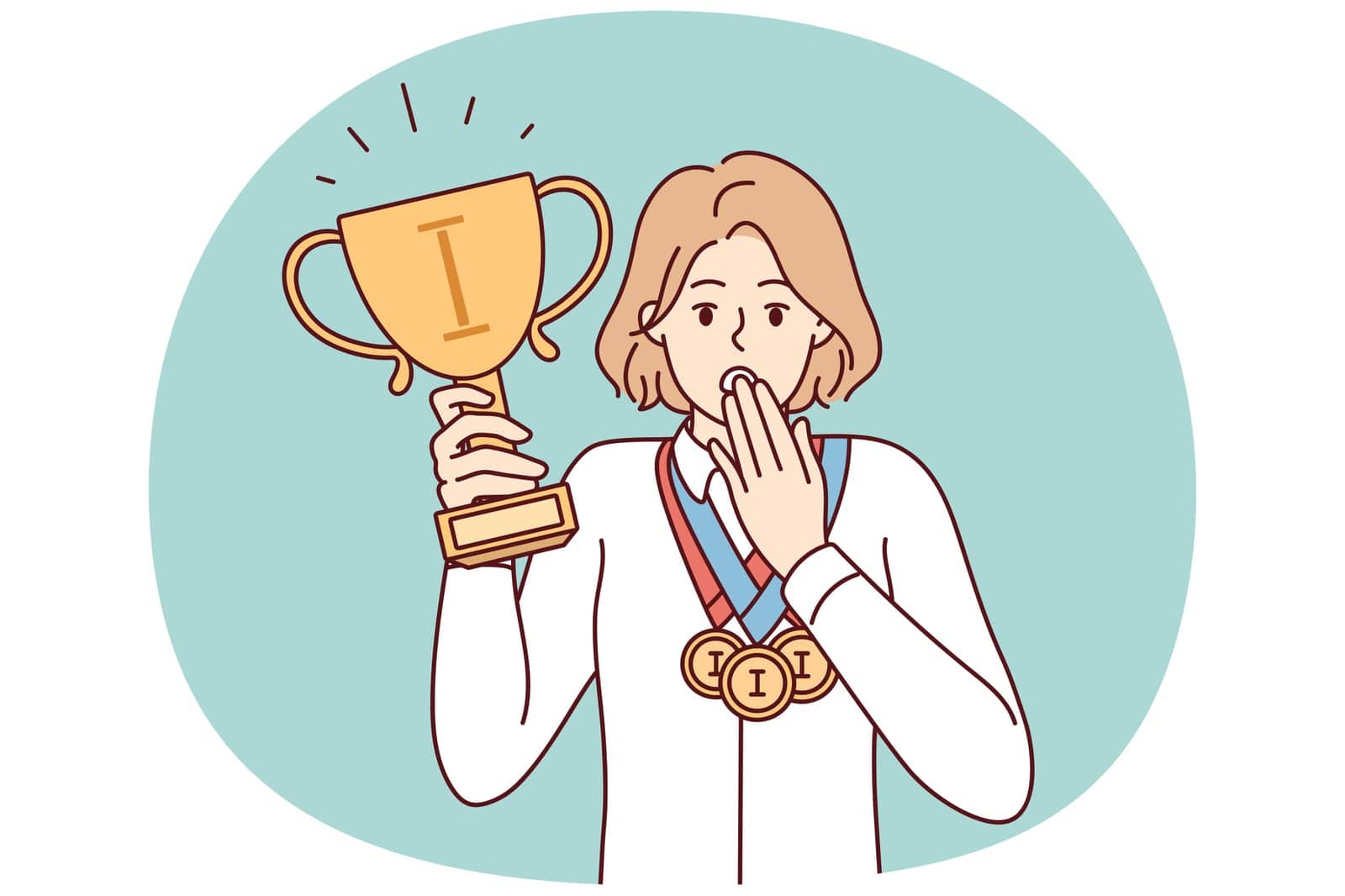 Puzzled woman with cup and medals of winner of sports olympiad covers mouth with hand. Discouraged girl surprised by annulment of competition results due to doping scandal. Flat vector illustration