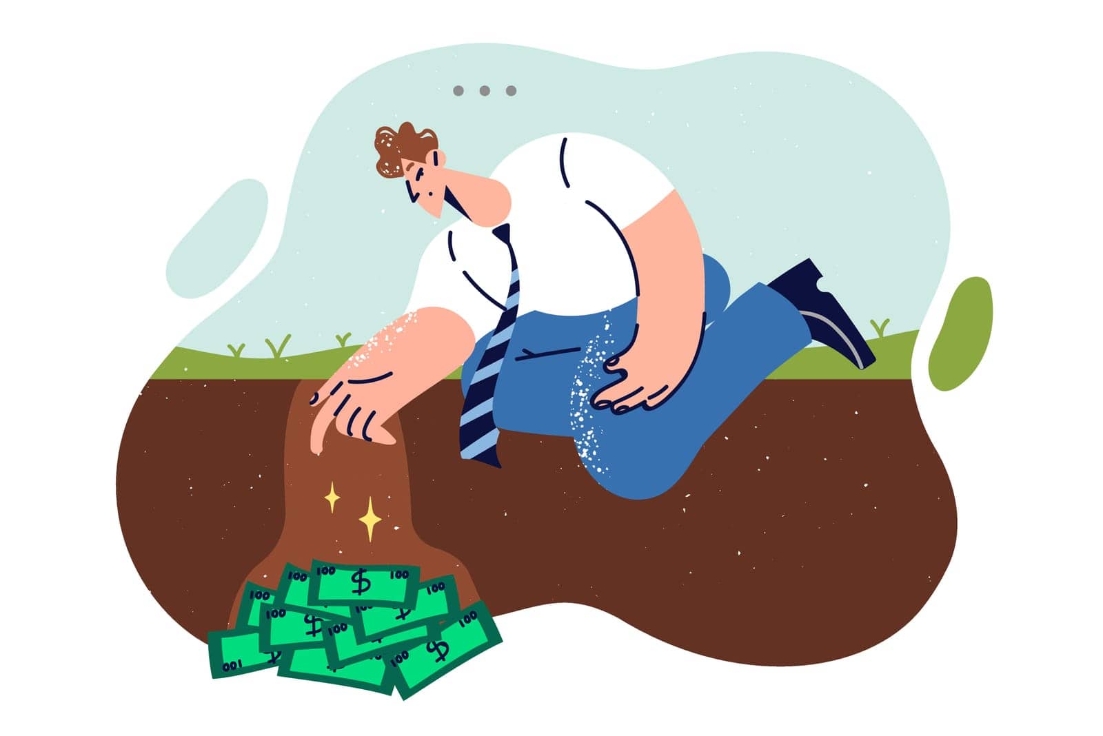 Man digs money out of ground after finding valuable cache of cash during random walk. Guy is burying money due to lack of trust in banks and investments or other financial institutions