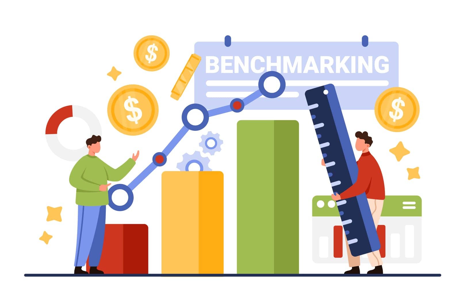 Benchmarking analysis, analytics for best quality and financial progress. Tiny people measure graph unit with ruler, compare and check profit indicators on data performance cartoon vector illustration