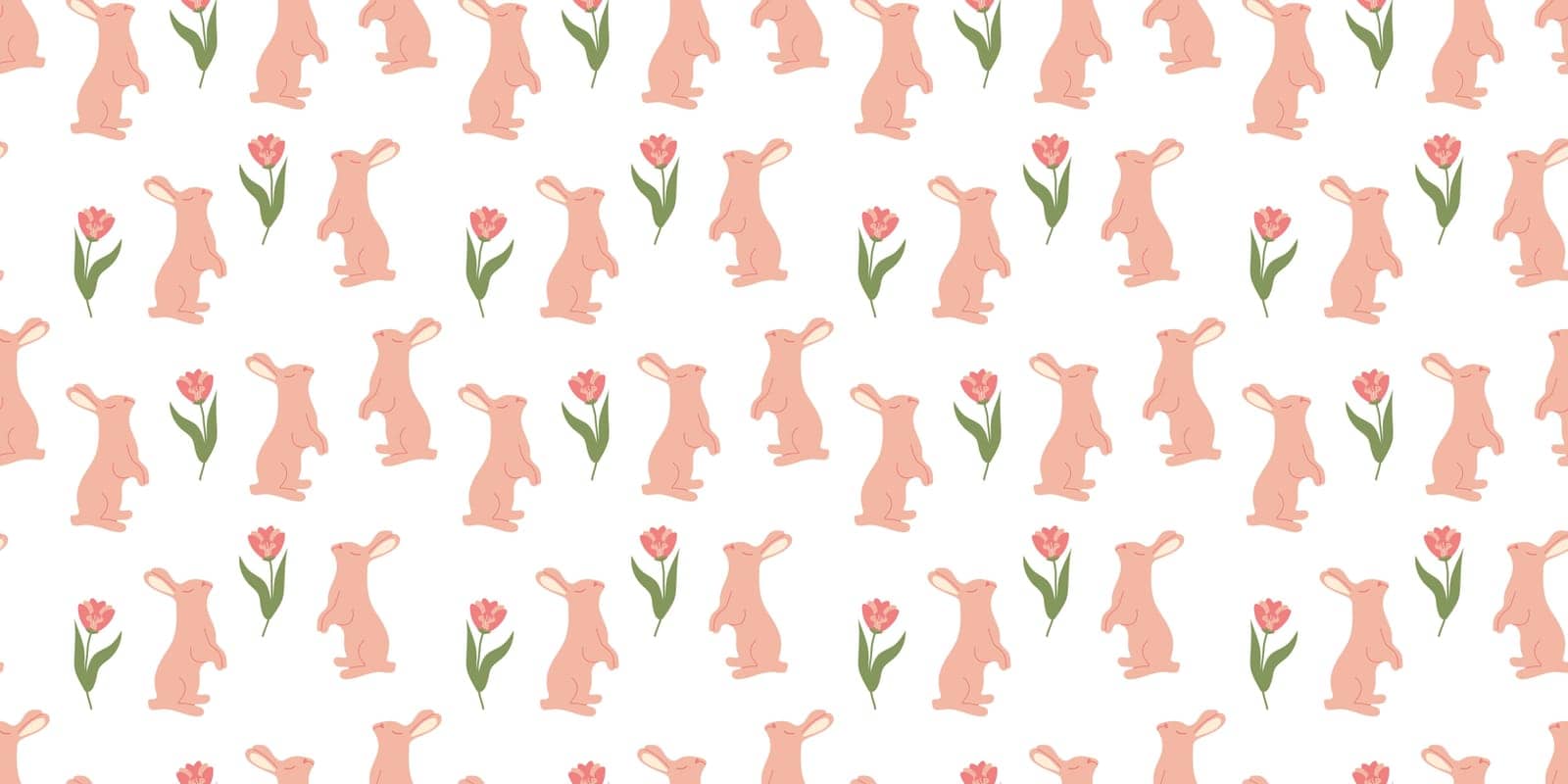 Bunny seamless pattern with leaves in doodle style. Endless Illustration with animals. White rabbits with botanical elements on white background. Cute kids design by Zhizhi