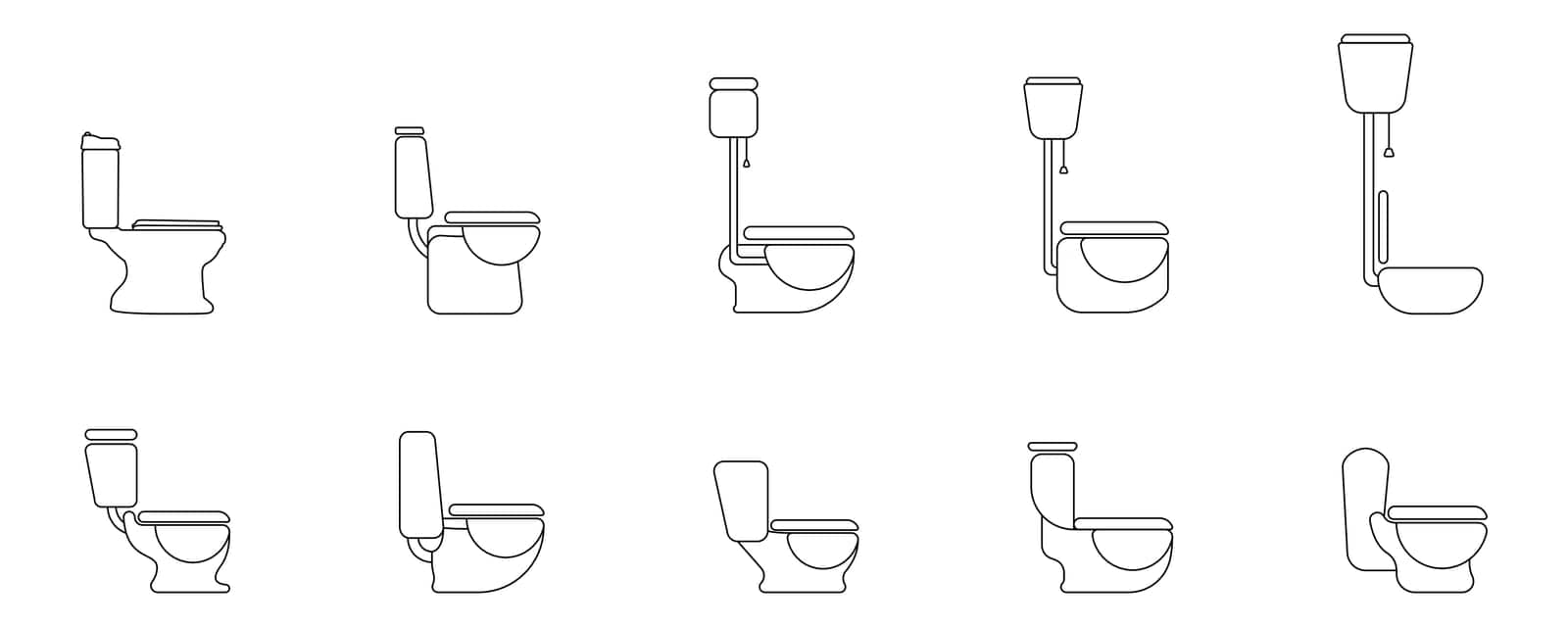 Lavatory bowl line icon vector set. Toilet logo outline. Simple stylish linear toilet. Furniture for the vector bathroom room. Symbol toilet bowl. Vector illustration. by Moreidea
