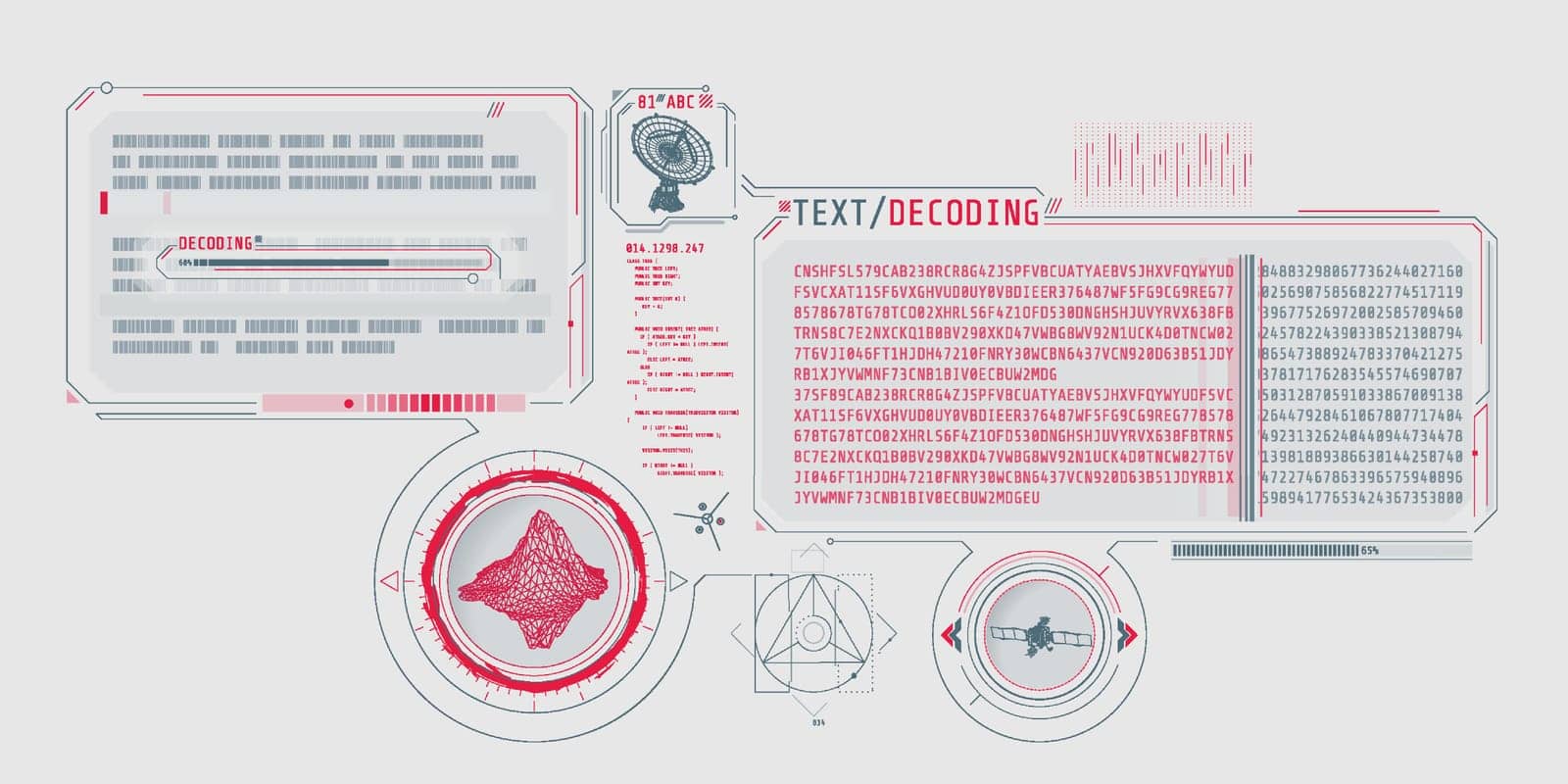 Radio telescope signals are decoded on a futuristic interface screen of the geoscience research program. Vector illustration.