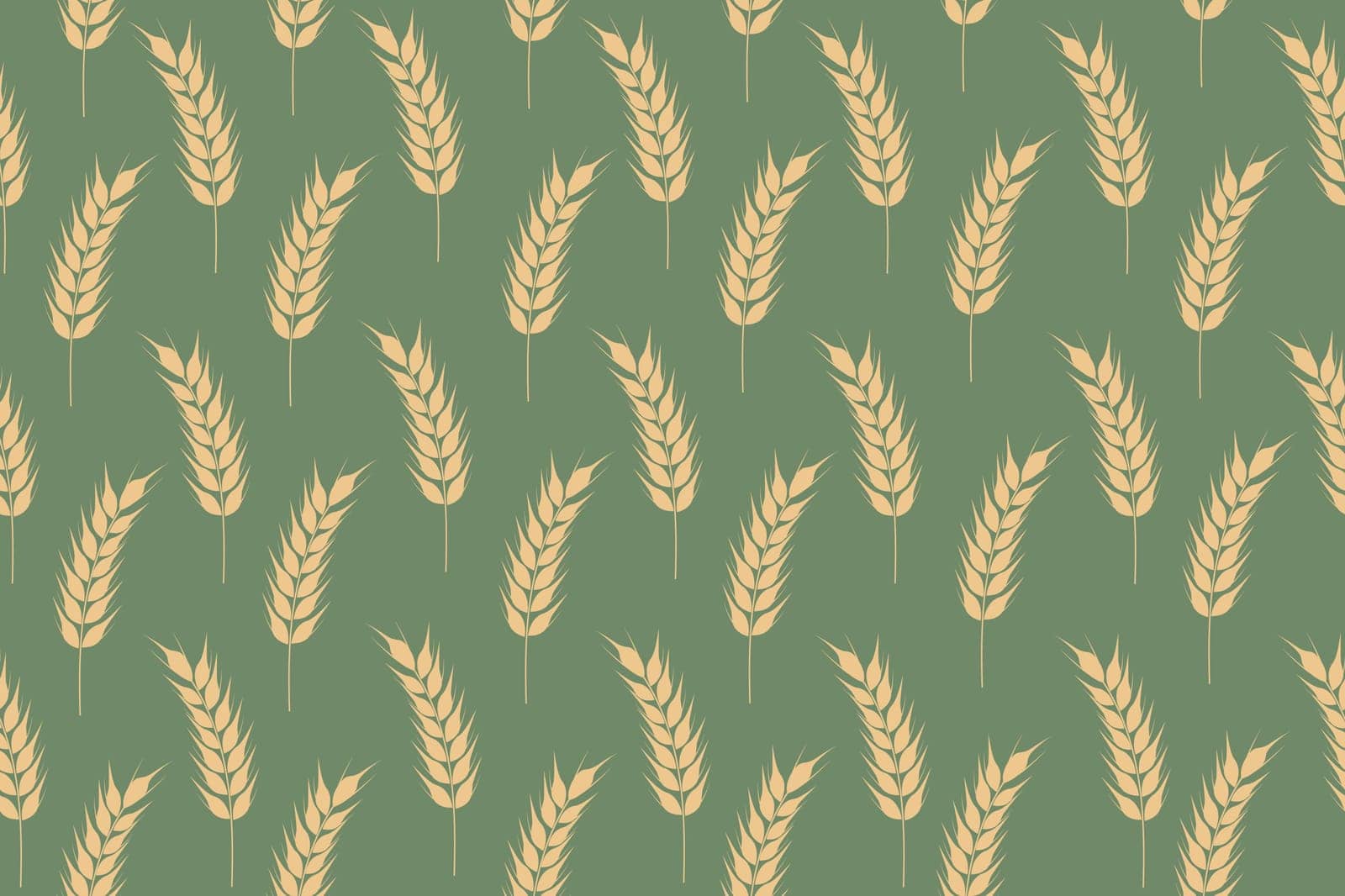 Collection of golden ripe spikelets of wheat. Agricultural symbol, flour production. Vector silhouette of wheat. Illustration on a green background. Vector
