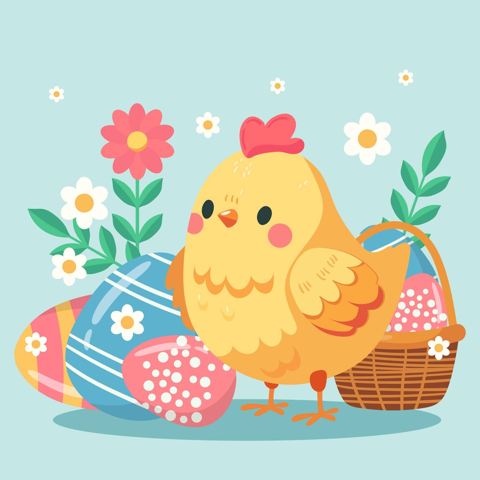 Happy easter card with chicken and eggs flat style. Vector illustration