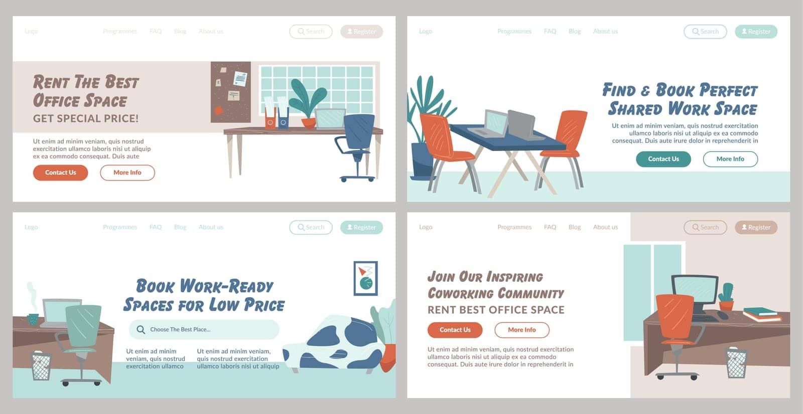 Web banner set for coworking office rent promo. Flat working space interior at landing page collection, vector illustration. Shared work space advertising at website design