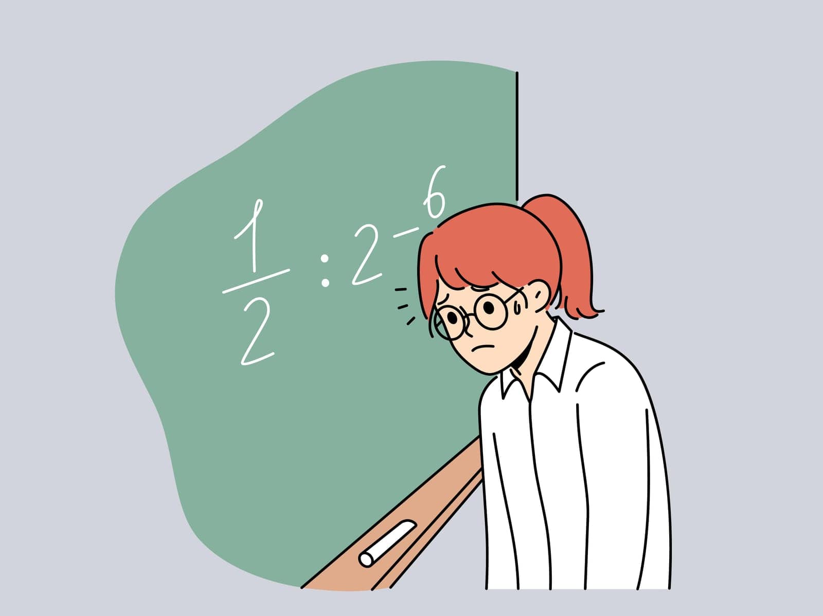 Schoolgirl standing near chalkboard gets, upset because doesnt know solution of mathematical example and needs help of tutor. Girl is having trouble getting elementary school mathematical education