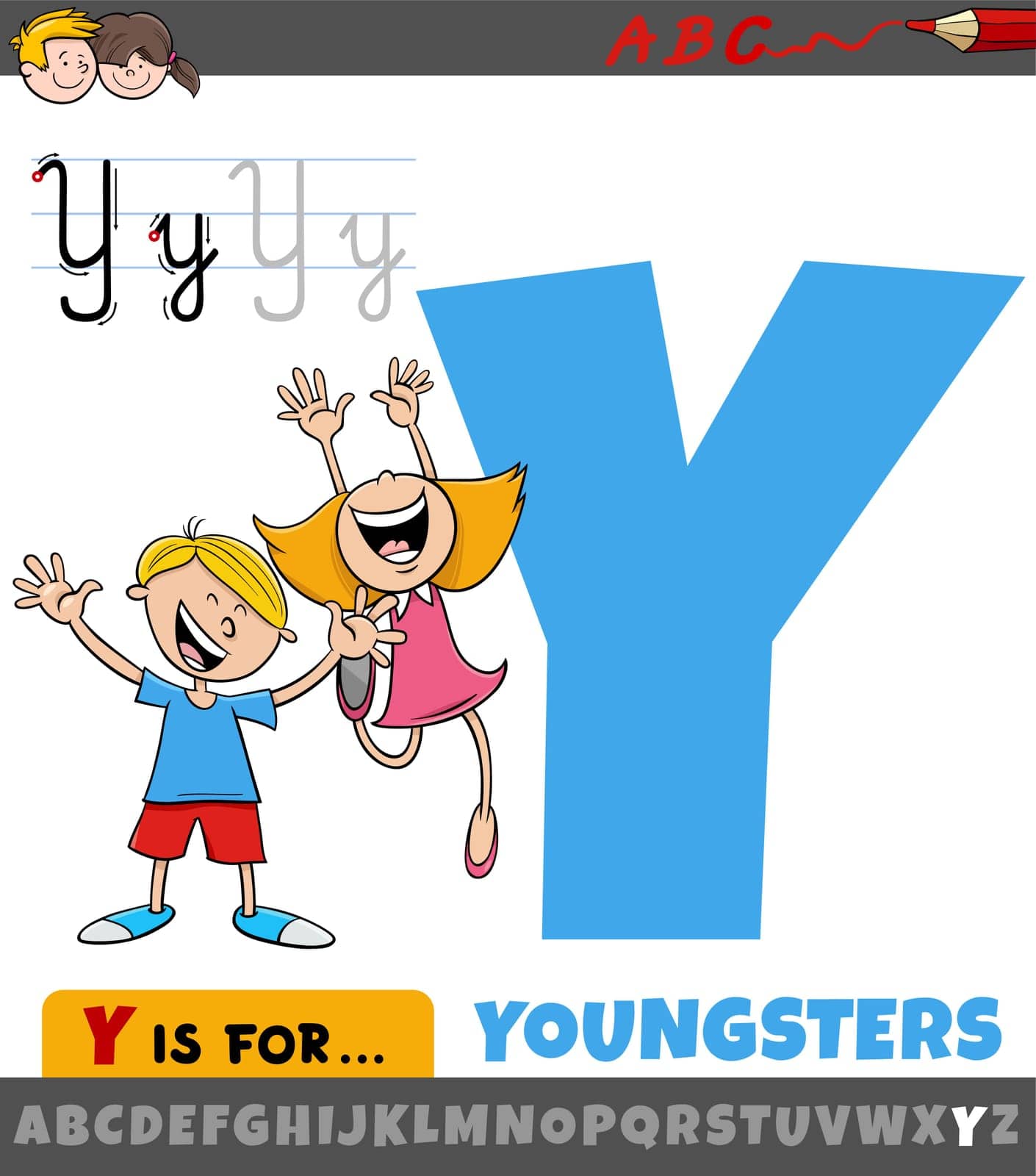Educational cartoon illustration of letter Y from alphabet with youngsters characters