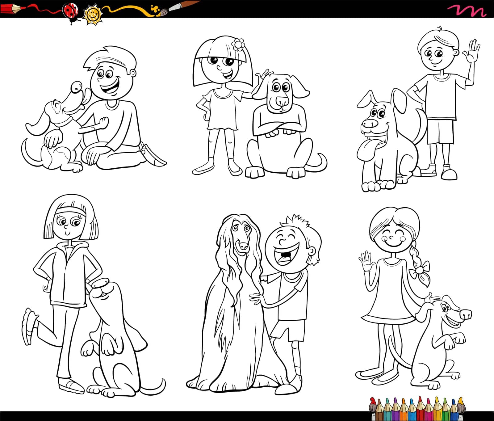 Black and white cartoon illustration of children or teens with their dogs characters set coloring page