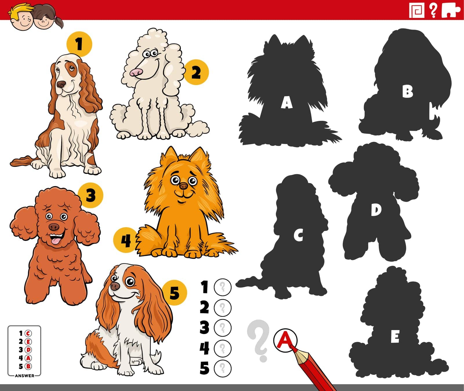 Cartoon illustration of finding the right shadows to the pictures educational game with purebred dogs animal characters