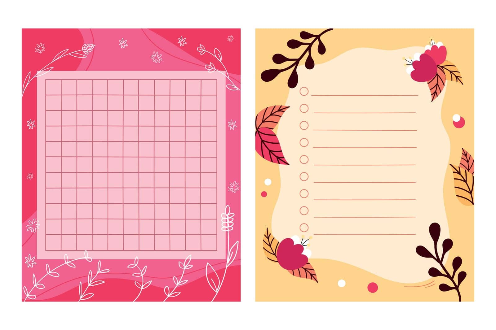 Paper notes set decorated with leaves and flowers. Templates for memo, reminder or to do list. Vector illustration