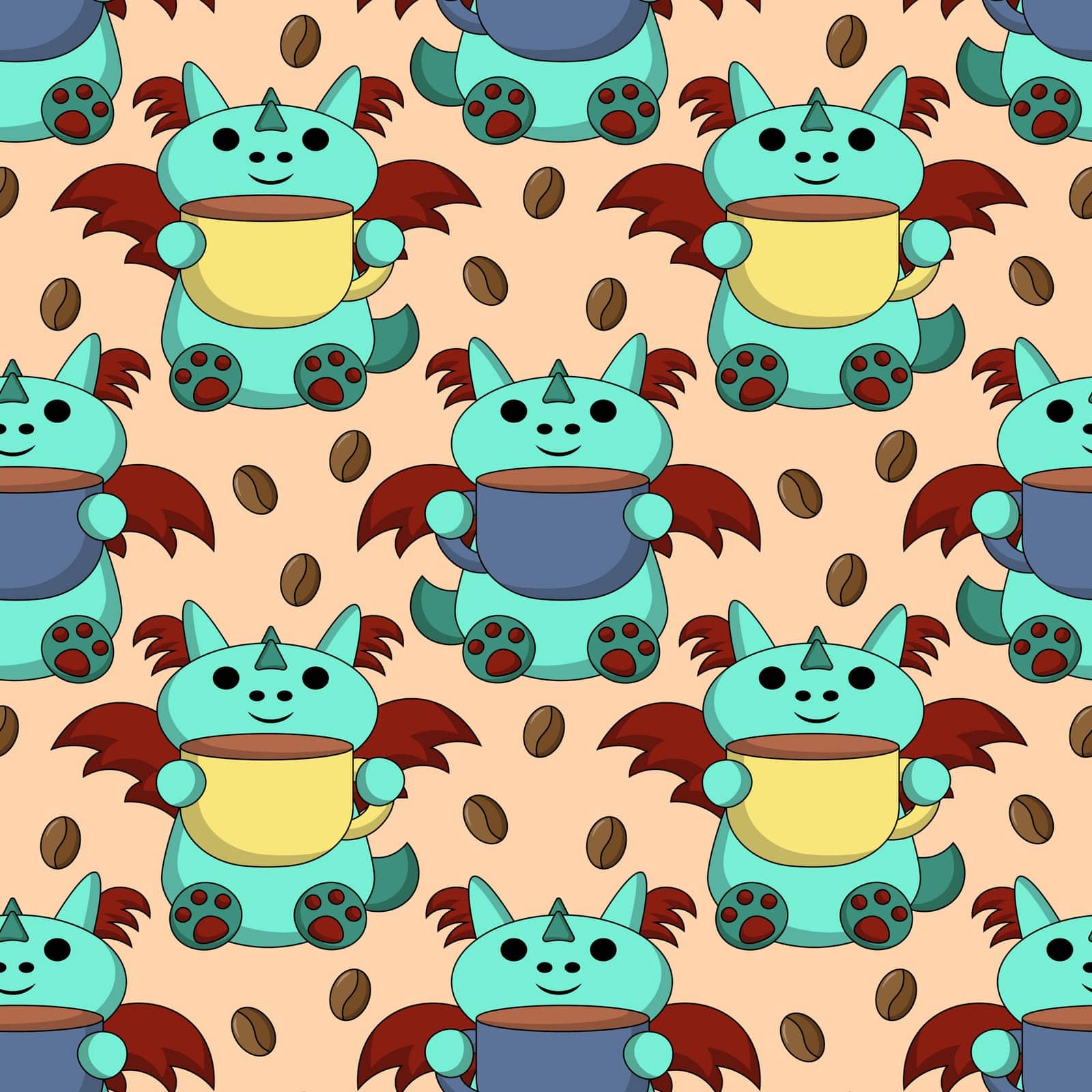 Seamless pattern with cute dragon with coffee cup by AnastasiaPen