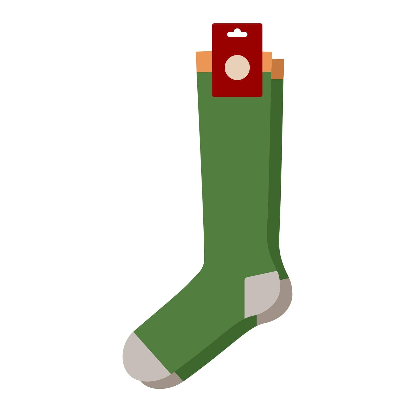 Green socks with logo tag hosiery crew length. Fashion accessory clothing technical illustration stocking. Vector by Vectoressa