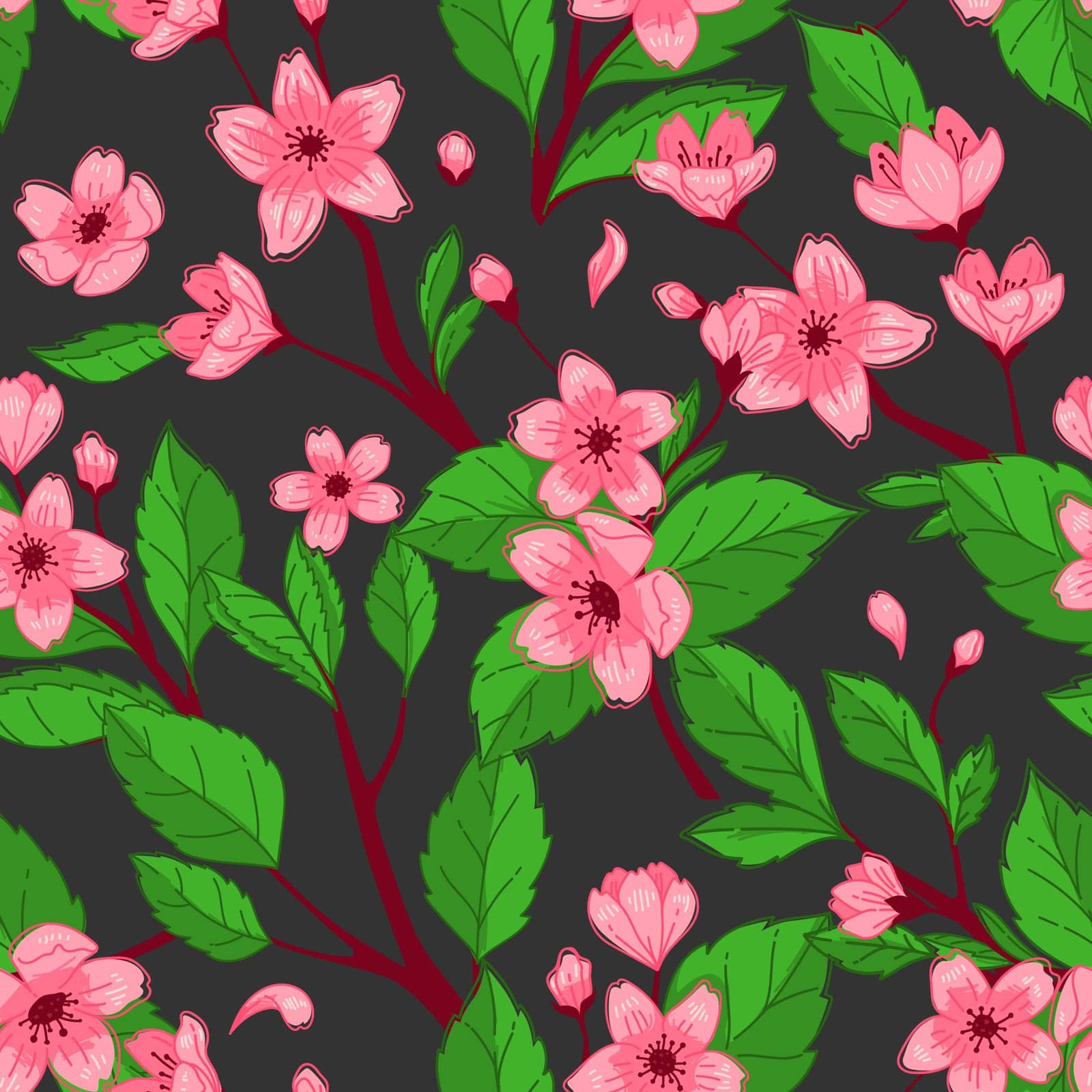 Pink cherry blossoms on dark background in a seamless vector pattern, ideal for luxurious textile and wrapping paper.