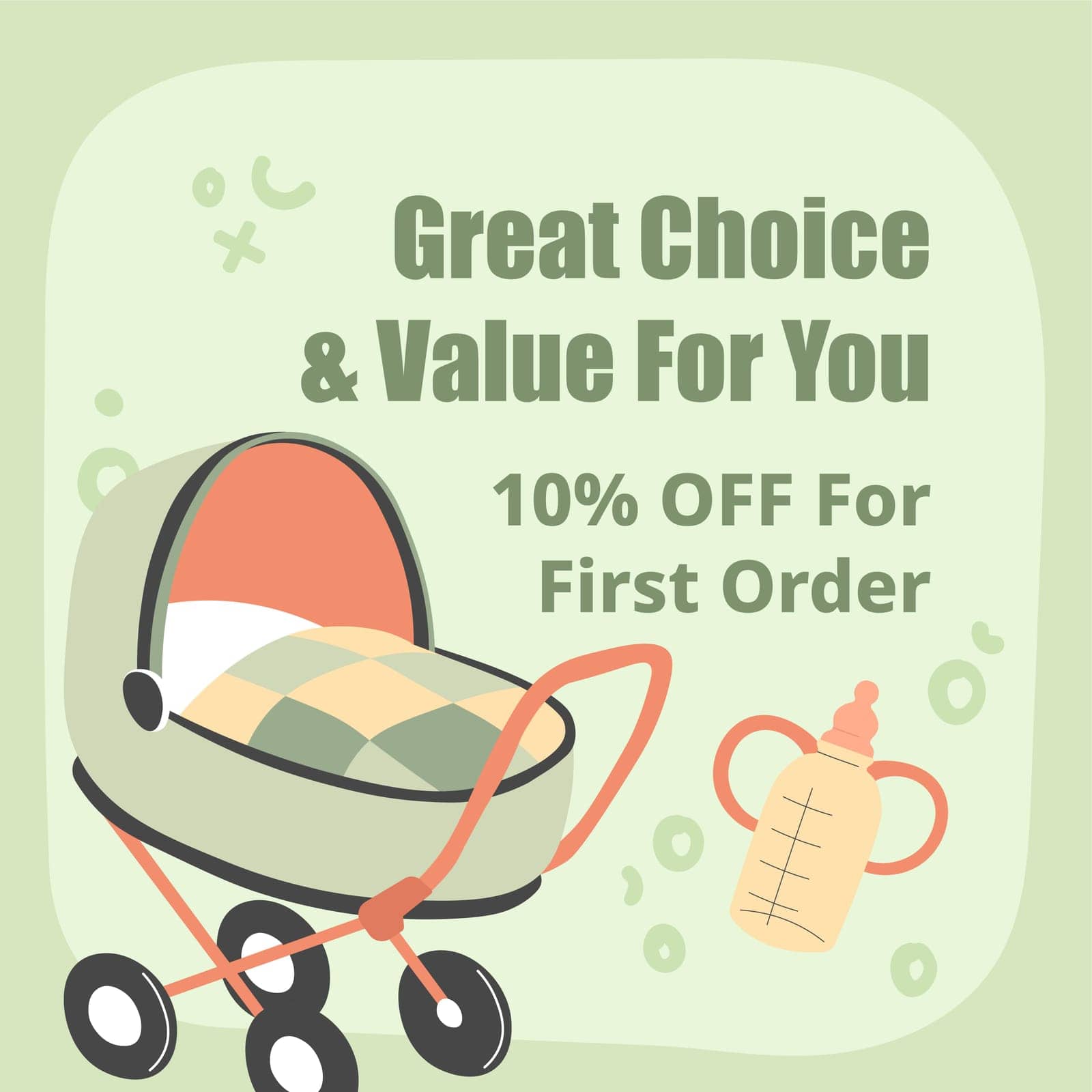 Baby clothes and products in shop or store with ten percent off for your first order. Great choice and value. Children and infants bottles with handles, crib and pram banner. Vector in flat style