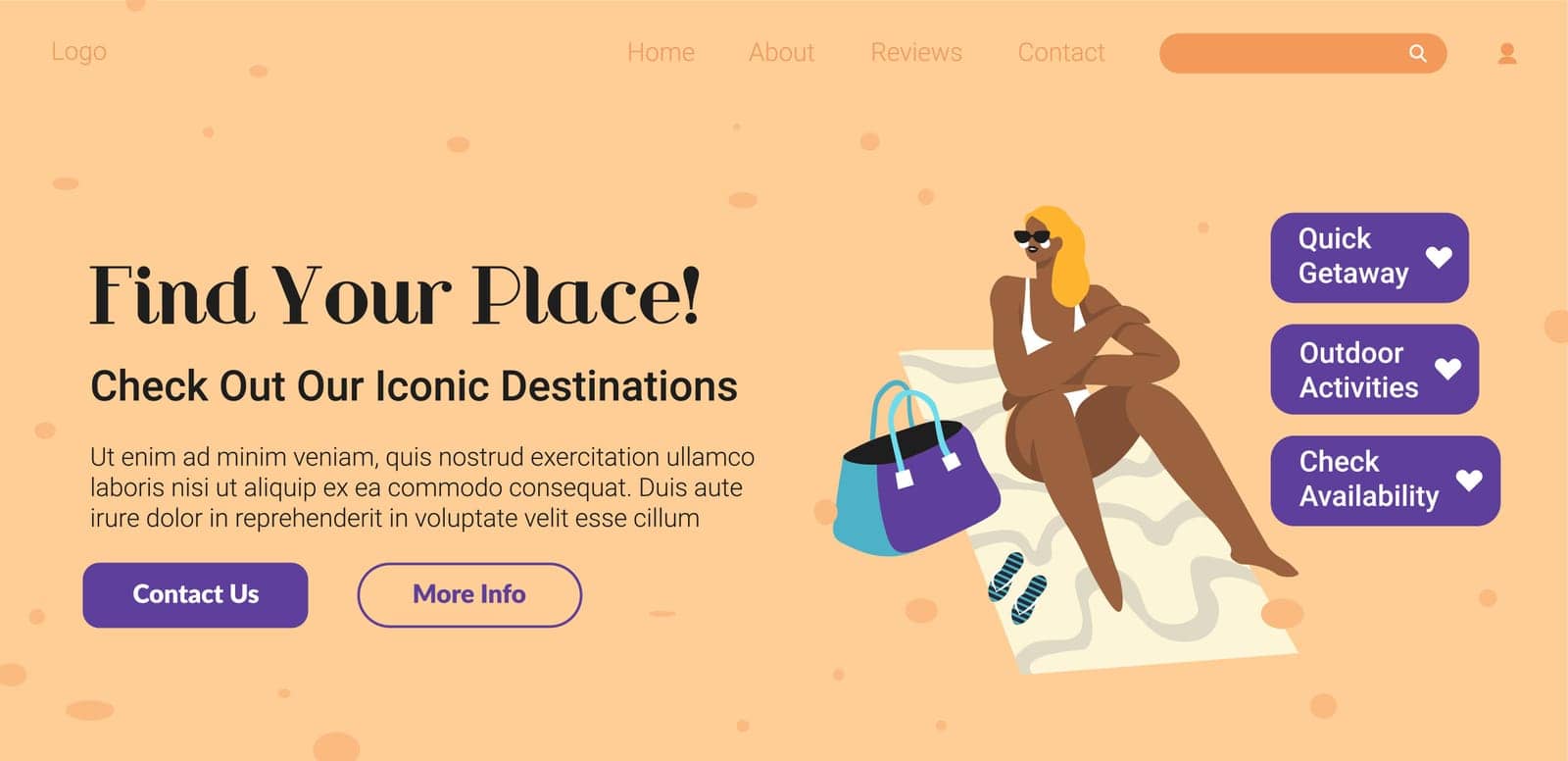 Check out out iconic destinations and find your best place to stay on vacation. Activities and fun, beaches and seaside at summer. Website landing page template, internet site. Vector in flat style