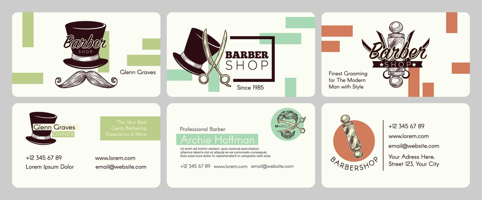 Barber shop company emblem at business card set. Hand drawn elements with man beard and mustache at corporate design collection, vector illustration. Corporate paper for grooming services and barbers