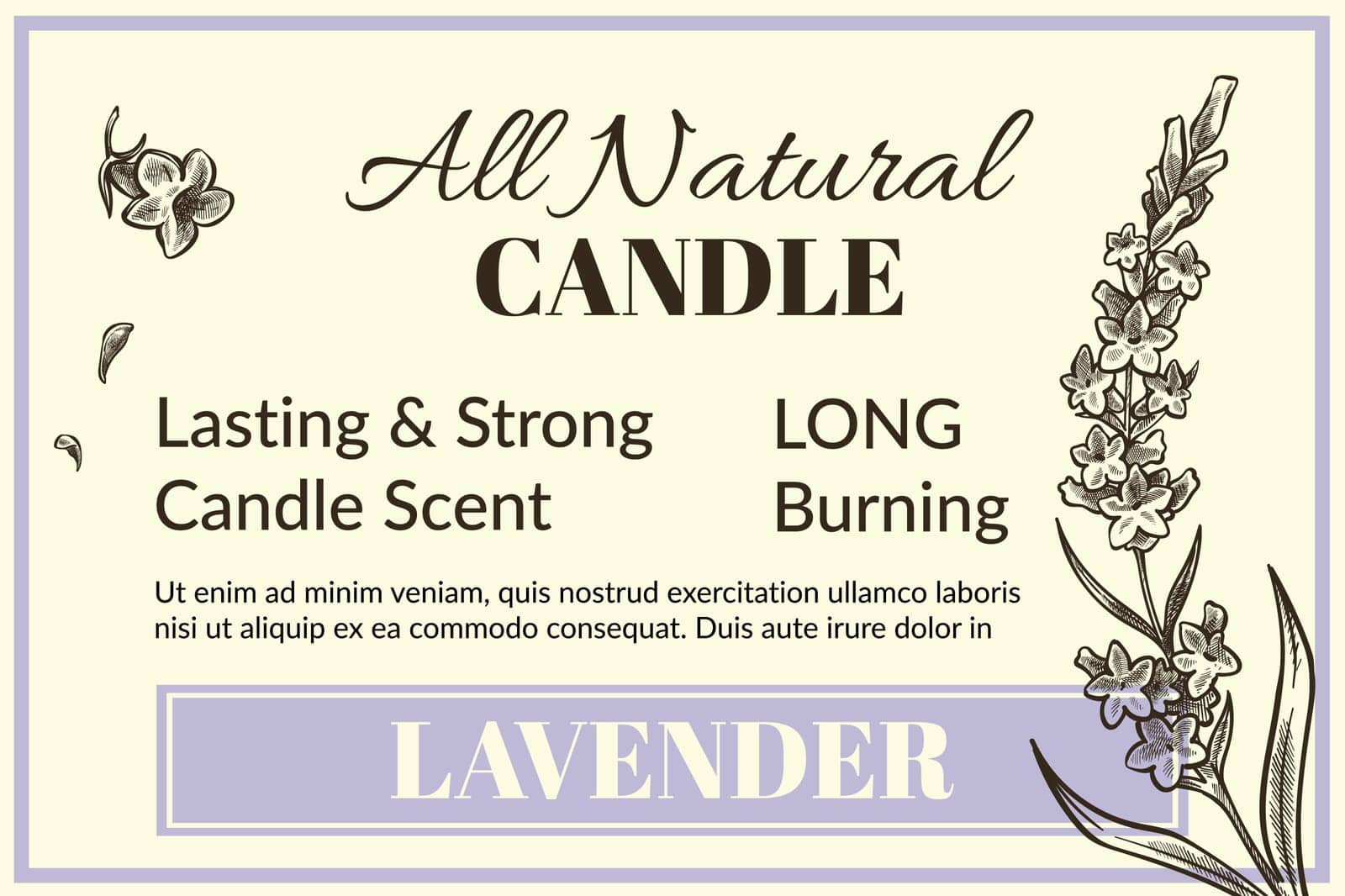 Long burning, lasting strong candle scent, all natural ingredients and organic lavender scent. Fragrance and aroma. Monochrome sketch outline, package for product. Promo banner, vector in flat style