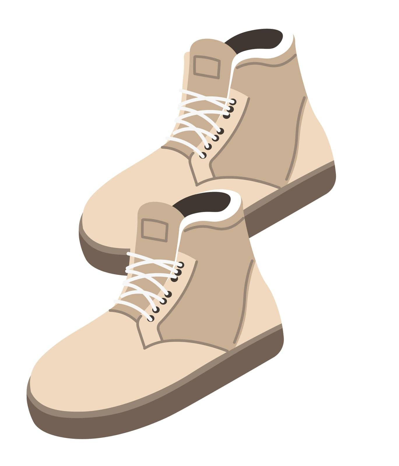 Fashionable footwear and clothes, isolated winter boots, stylish apparel and outfit element. Shoes with laces, made of leather. Autumn clothing and accessories for outerwear. Vector in flat style