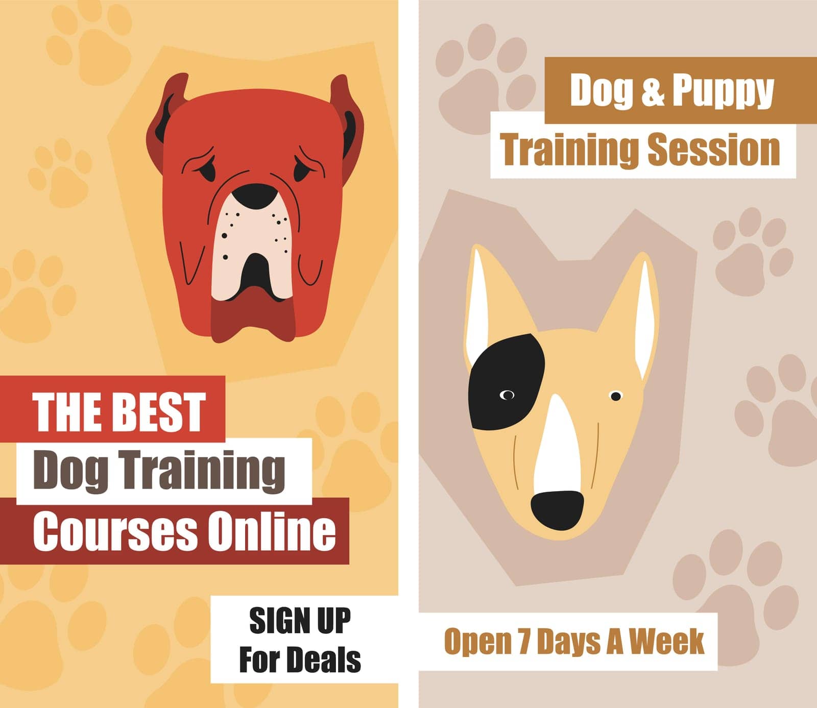 Training session for dogs and puppies, course online for teaching new tricks. Sign up for deals, open 7 days a week. Care for domestic animal, pets and loyal friends studying. Vector in flat style