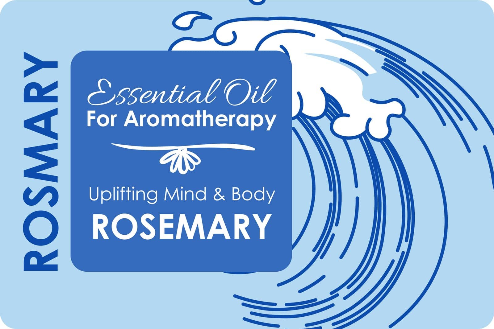 Essential oil for aromatherapy rosemary uplifting mind and body. Ocean or sea wave, aromatic scent and fragrance for massage, health and wellbeing, organic products for care. Vector in flat style