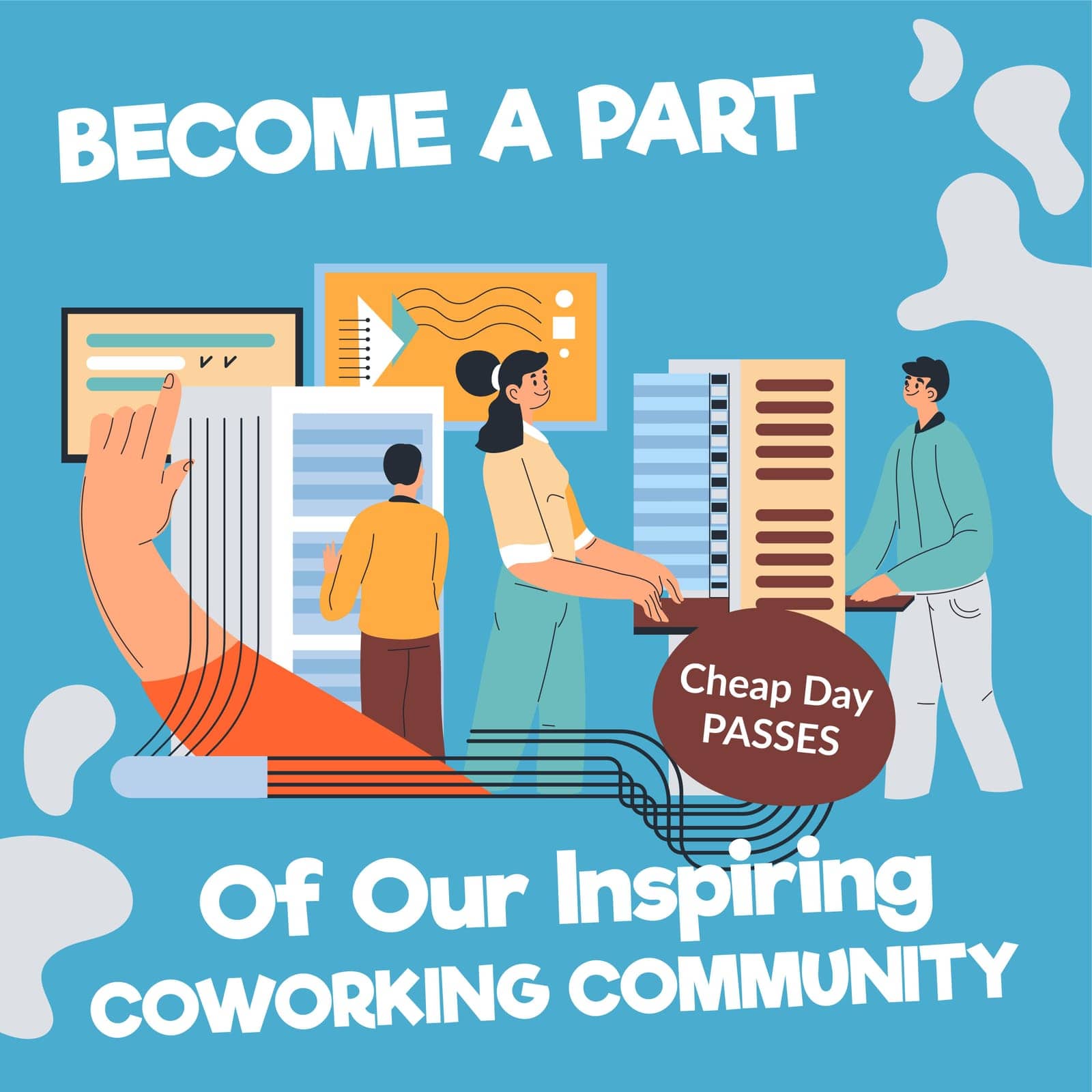 Inspiring coworking community, become a part of team. Cheap day passes, space for working with people, creative and talented workers hub. Person with computer and paperwork. Vector in flat style