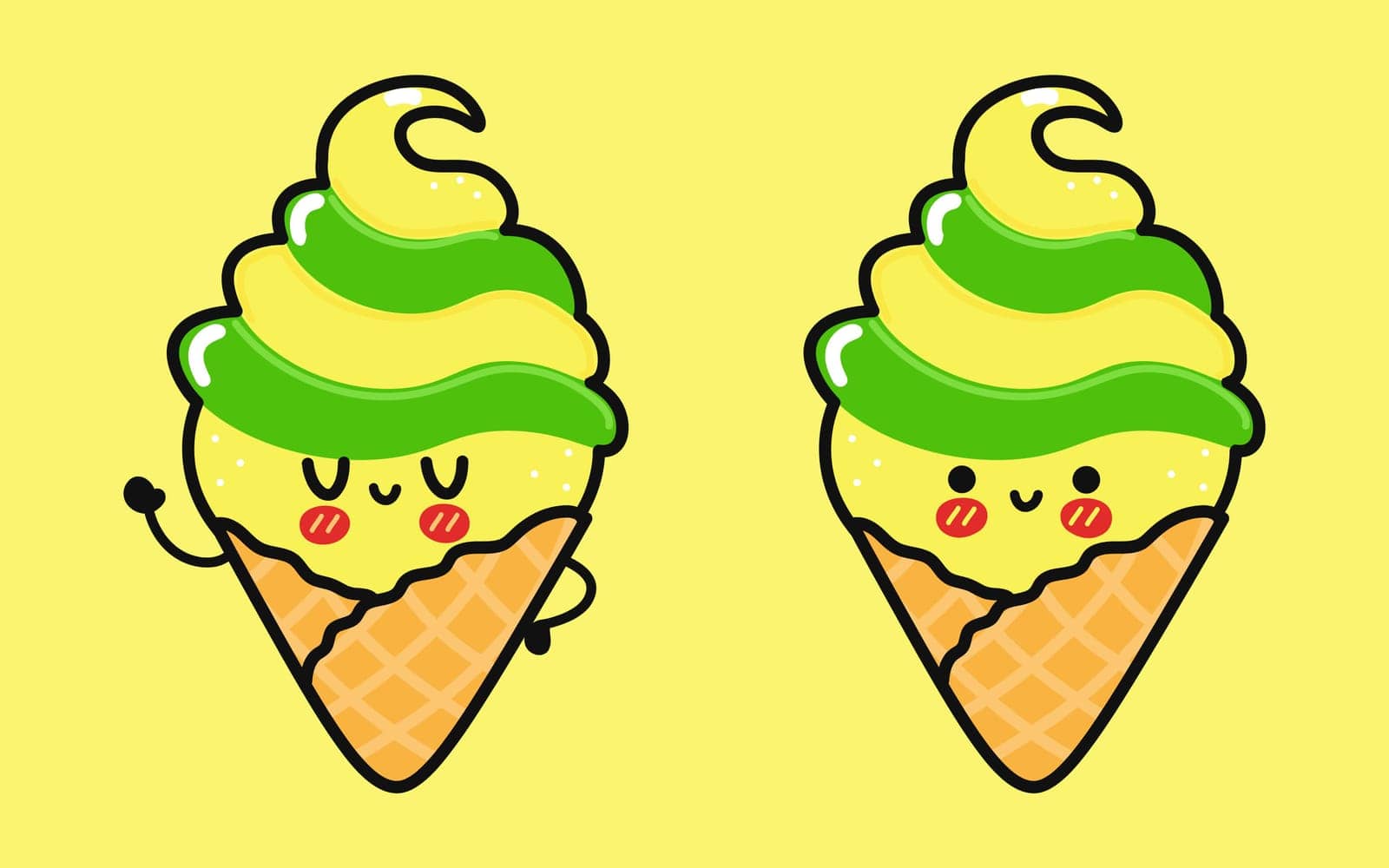 Cute funny Ice cream. Vector hand drawn cartoon kawaii character illustration icon. Isolated on yellow background. Happy Ice cream character concept