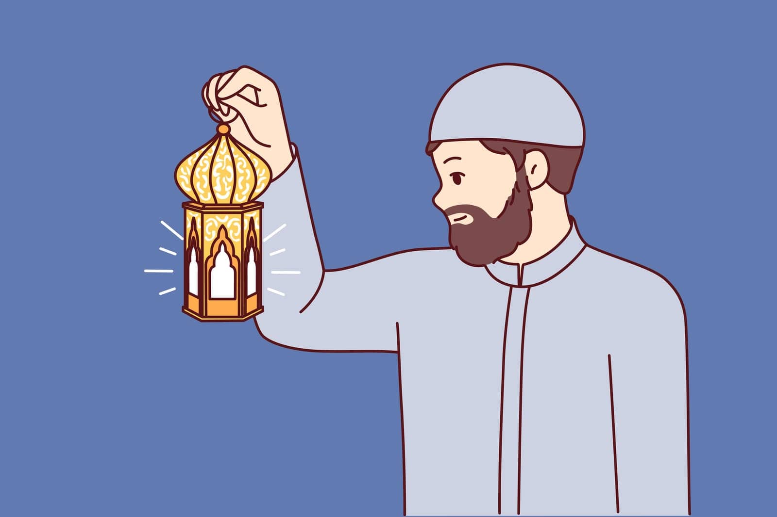 Muslim man holds arabic lantern, illuminating way at night to perform iftar and observe traditional fast. Guy in islamic clothes invites you to start iftar after sunset, in holy month of ramadan