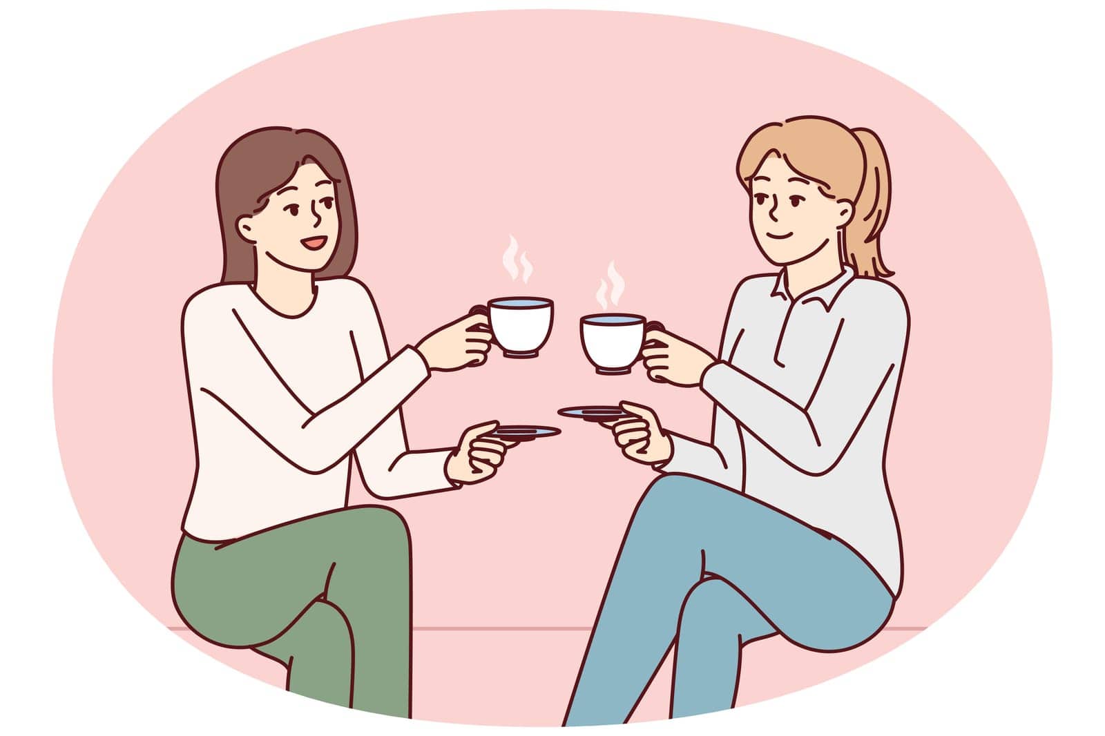 Two beauty girl friends drink hot coffee holding cups and saucers enjoy joint coffeebreak. Ladies dressed in casual style gossip during lunch break with hot non-drinks in hands
