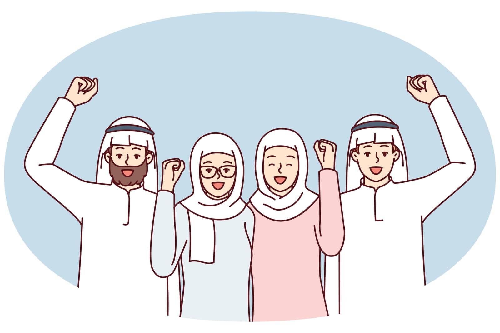 Team of people in arabic clothes make victory gestures rejoice at startup success. Modern men and women in Islamic clothing and headdresses raise their fist up with smile