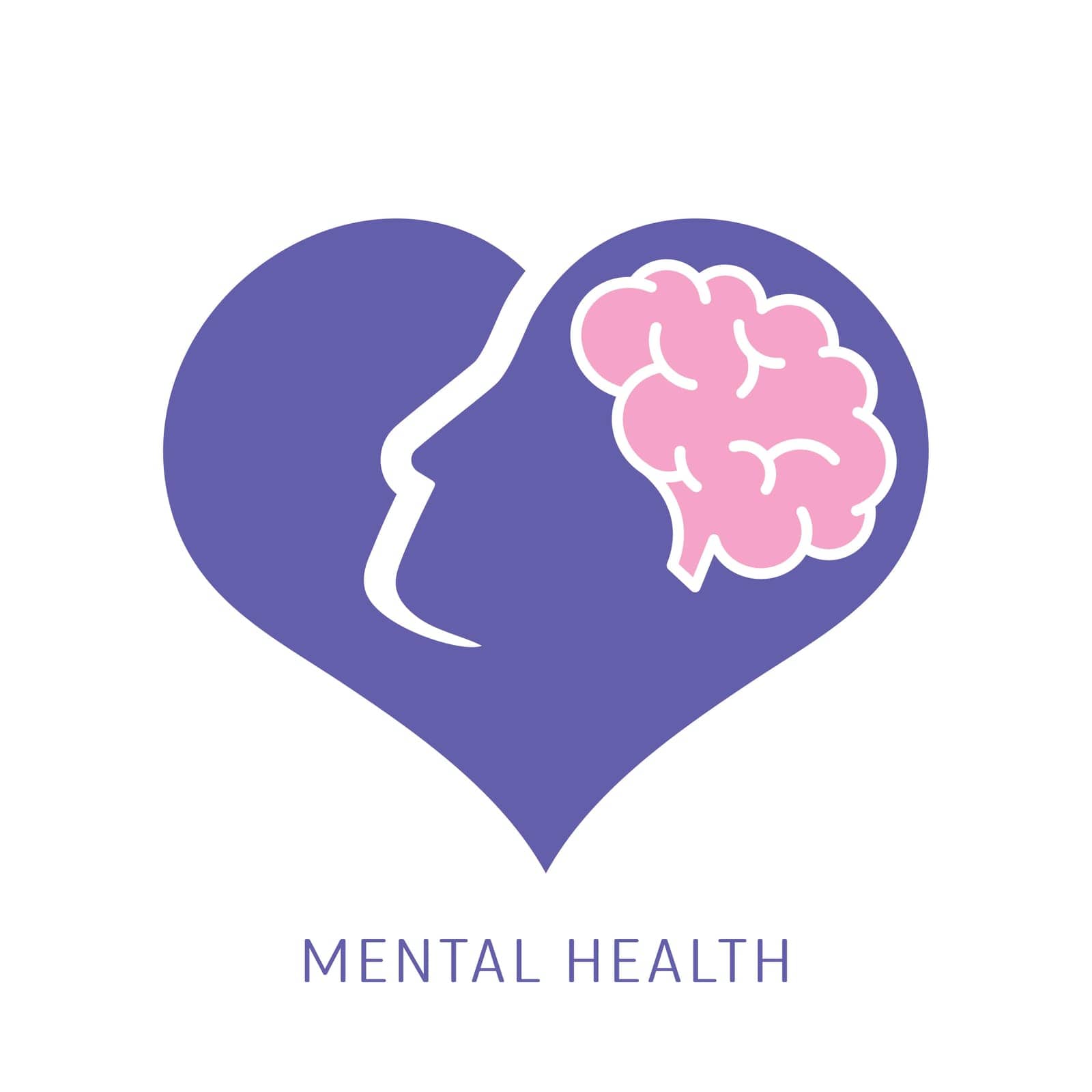 Head and heart combined shapes, with brain icon inside. A symbolic illustration representing the connection between the brain and mind in a conceptual and iconic way. Mental health awareness icon.