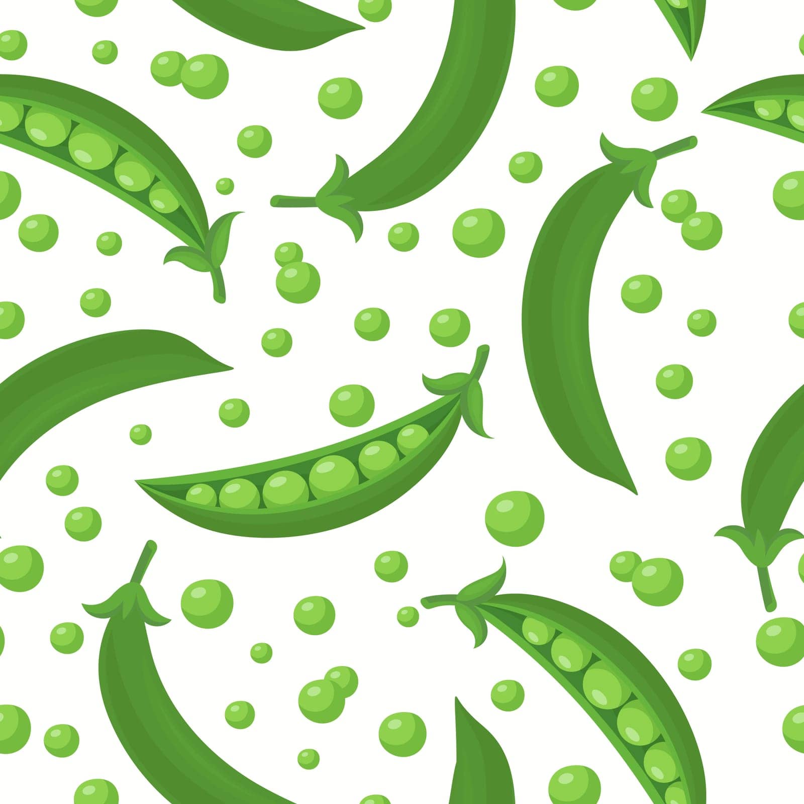 Vector Seamless Pattern with Flat Green Pea Pod. Cartoon Green Peas Design Template for Textile, Wallpaper, Culinary Packaging.