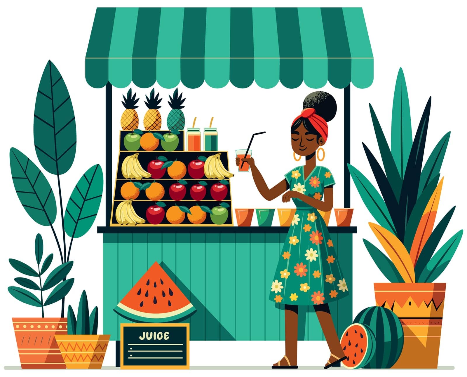 Flat design illustration of an African woman serving juice at a vibrant street stand, isolated on white background.