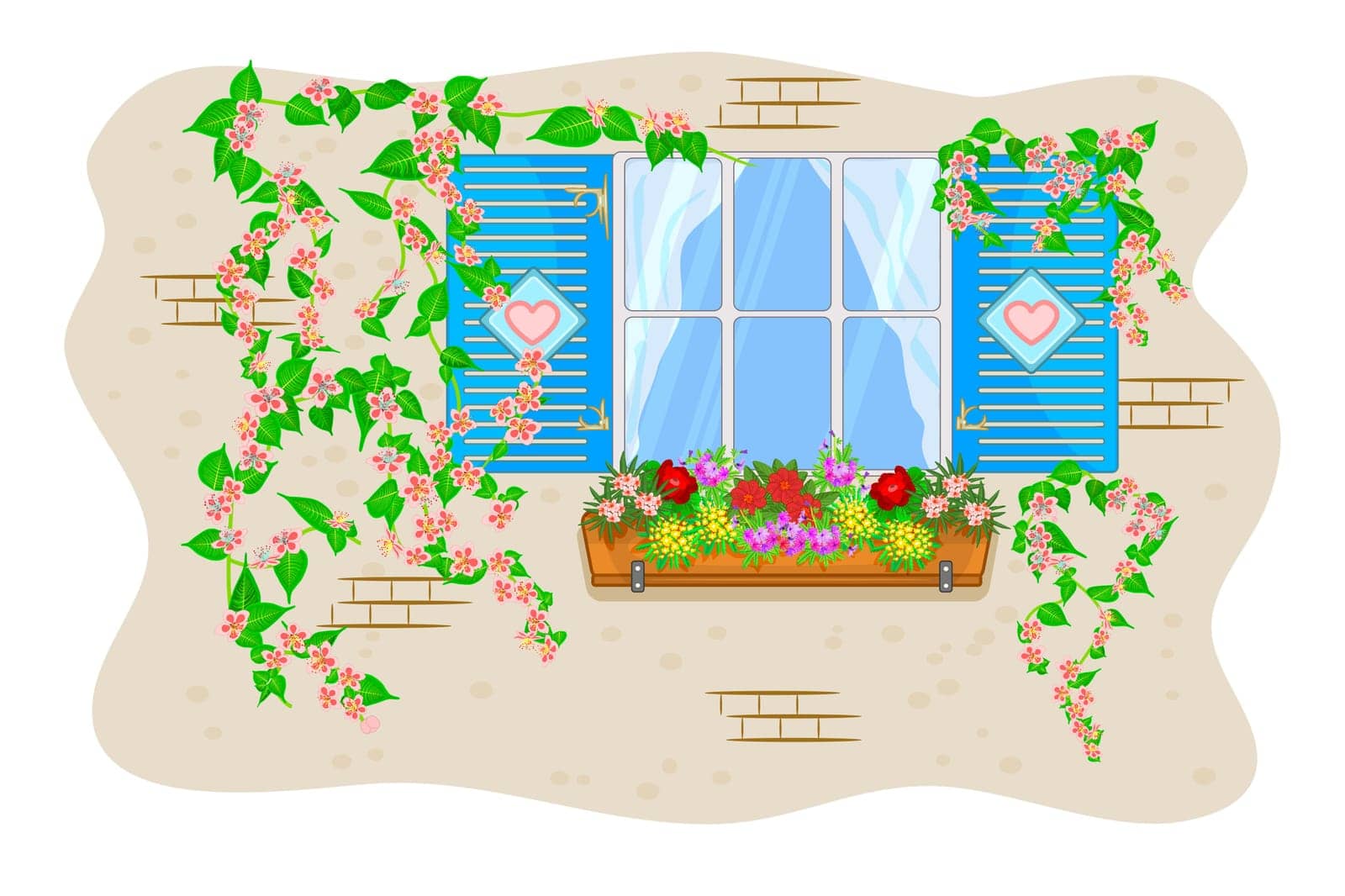 Wooden window with flowers in pot and climbing plants. Home window with curtains and flowering branches on wall.Stock vector illustration