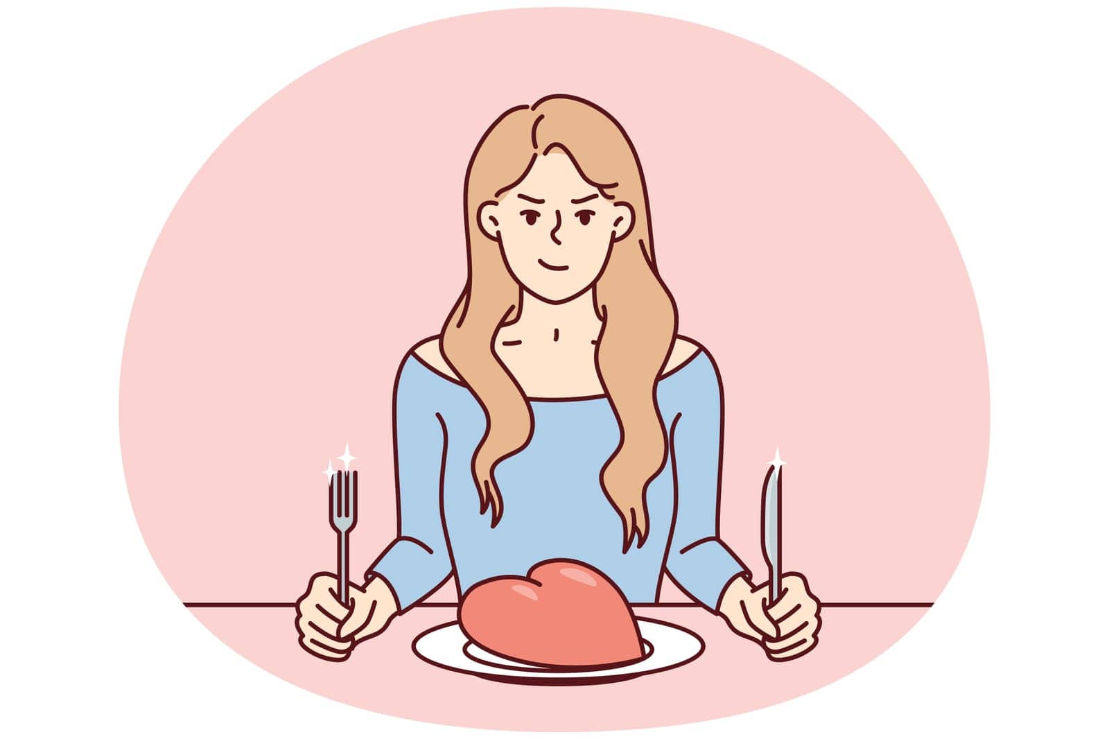 Frowning woman sits at table with giant heart in plate and holds fork with knife. Vector image by Vasilyeva