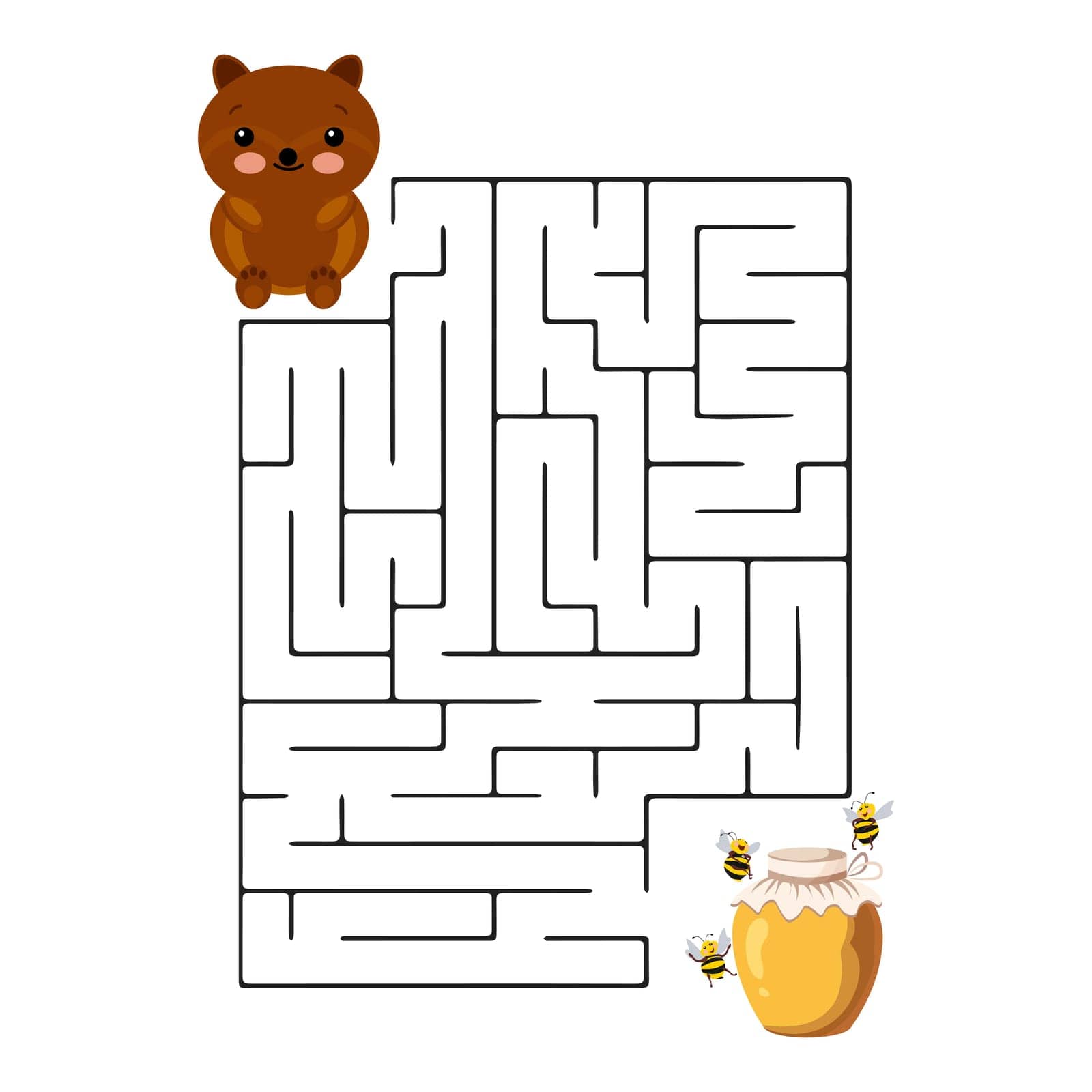 Children's maze with animals, a cute bear and a barrel of honey. Illustration, vector