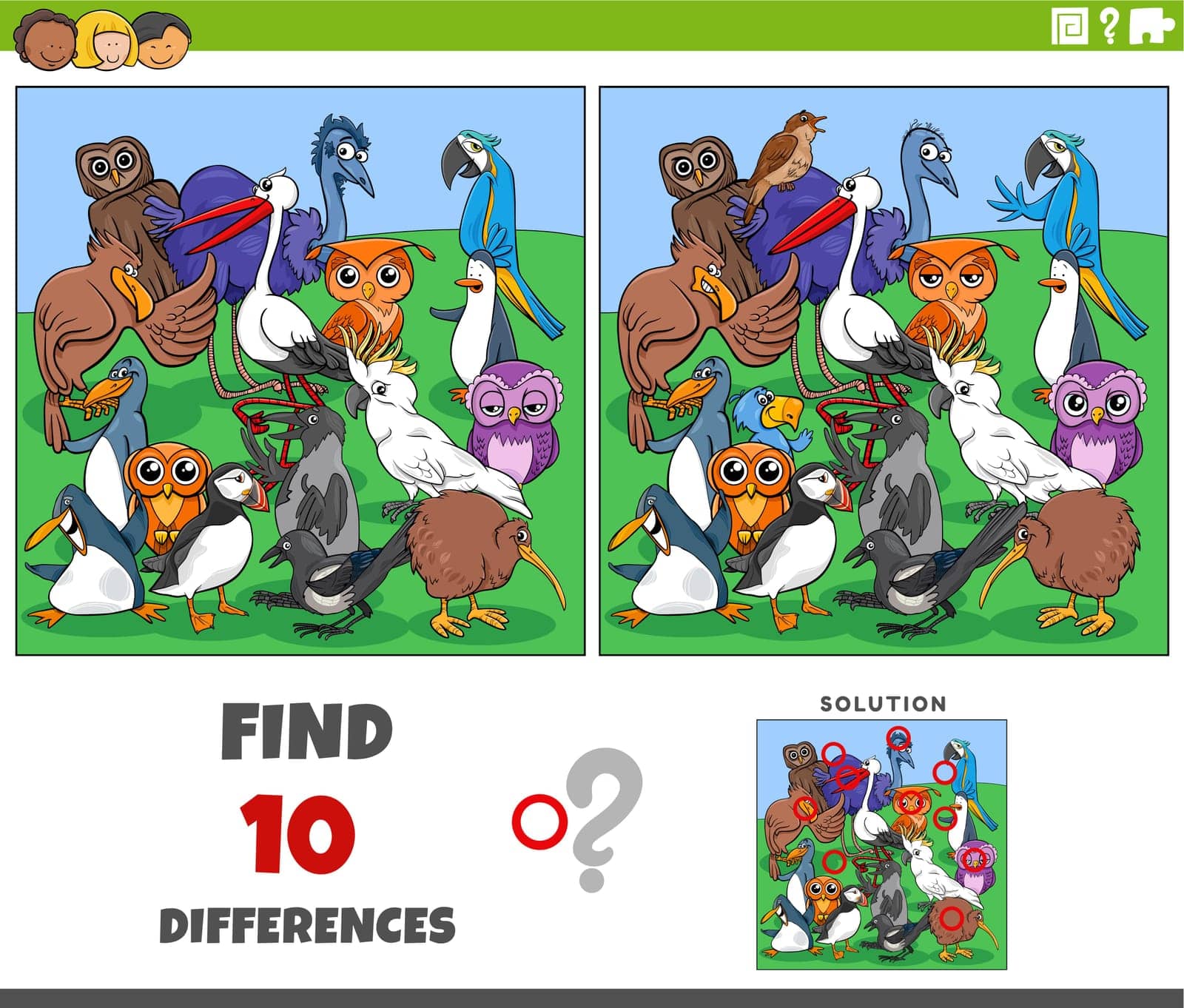 differences activity with cartoon birds characters group by izakowski