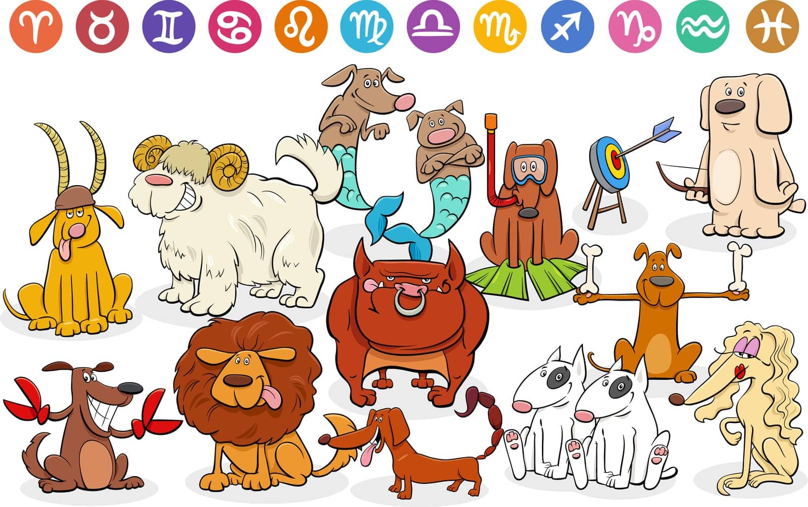 Cartoon illustration of funny dogs animal characters as zodiac signs