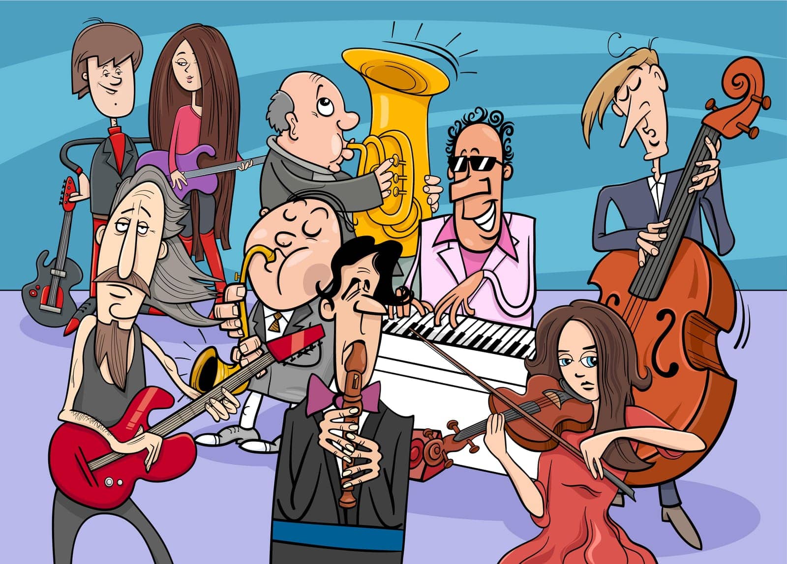Cartoon illustration of musicians group or musical band with comic characters