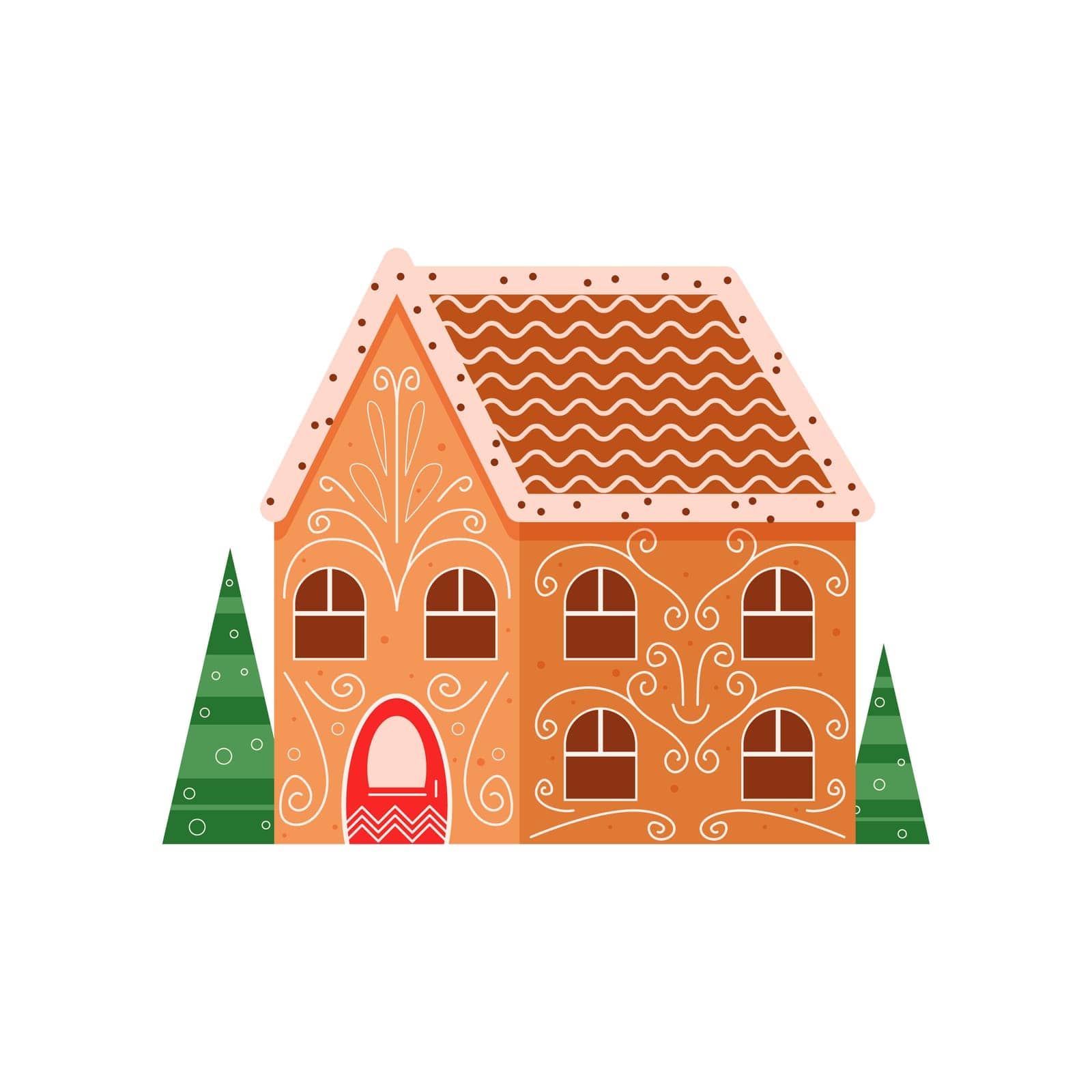 Traditional gingerbread house. Traditional Christmas cookie, holiday winter bakery flat vector illustration