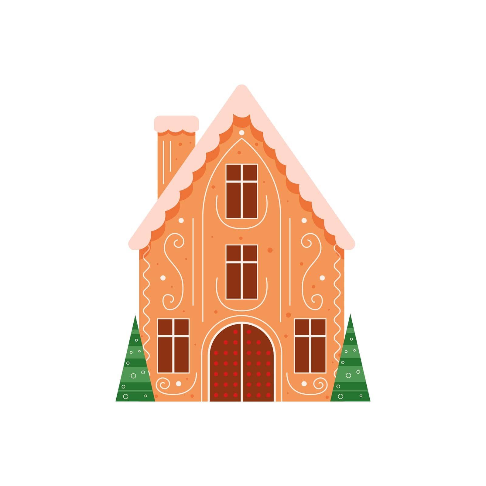 Sweet gingerbread house. Traditional Christmas cookie, holiday winter bakery flat vector illustration